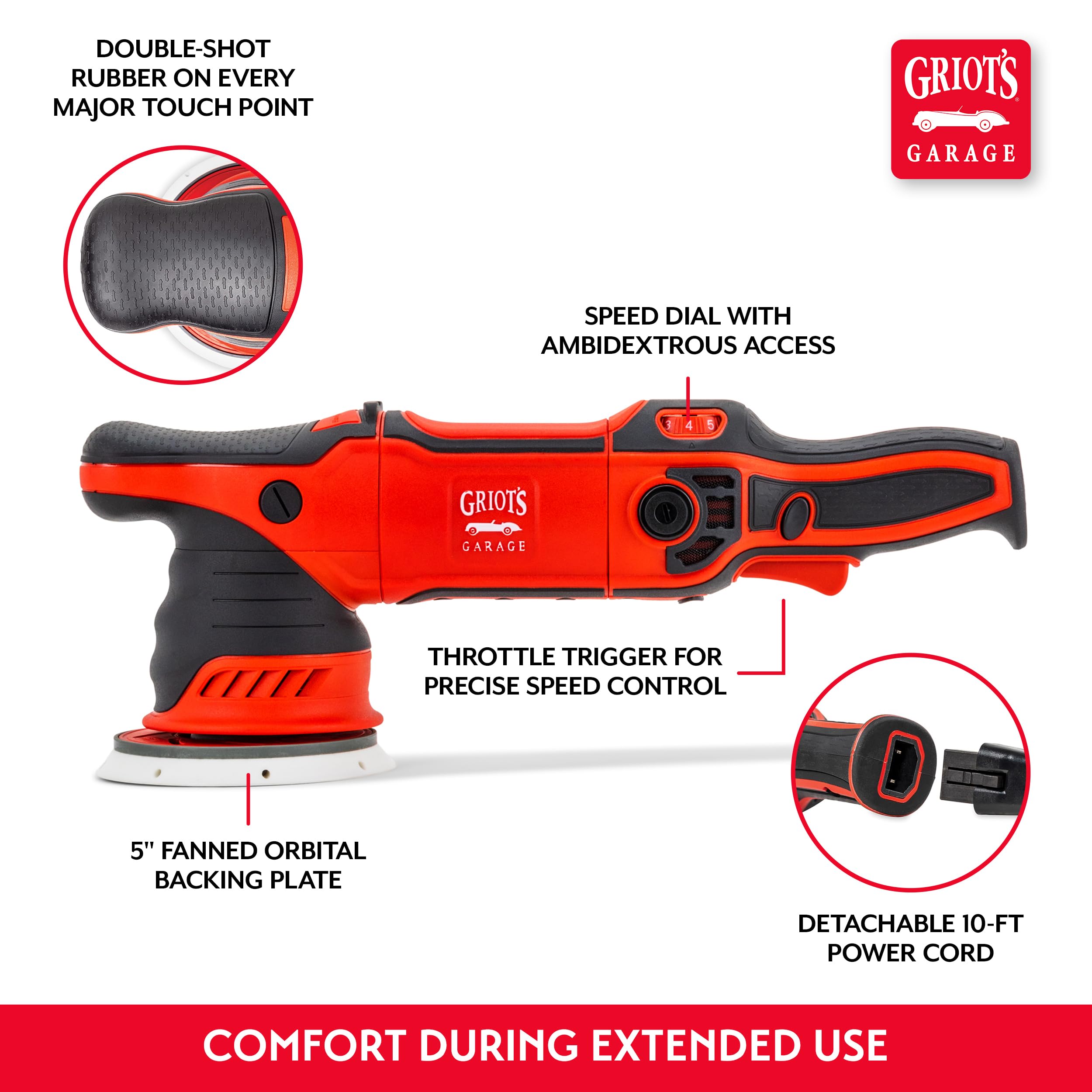 Griot's Garage 10915 G15 Long-Throw Orbital Polisher, 1100-Watt Buffer Machine for Car Detailing and Polishing, Swirl and Scratch Removal, 5 Inch Variable Speed, 15mm Orbit Size - Image 5