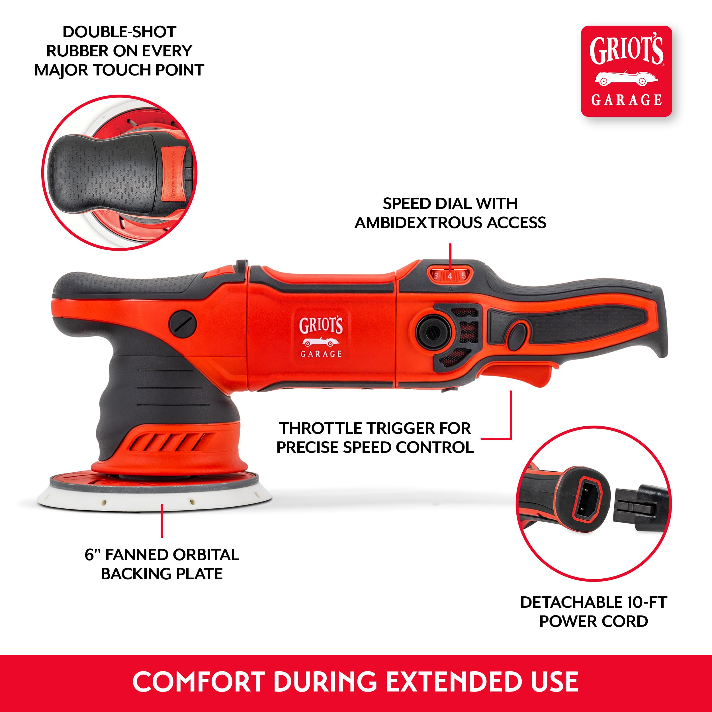 Griot's Garage 10921 G21 Long-Throw Orbital Polisher, 1100-Watt Buffer Machine for Car Detailing and Polishing, Swirl and Scratch Removal, 6 Inch Variable Speed, 21mm Orbit Size - Image 5