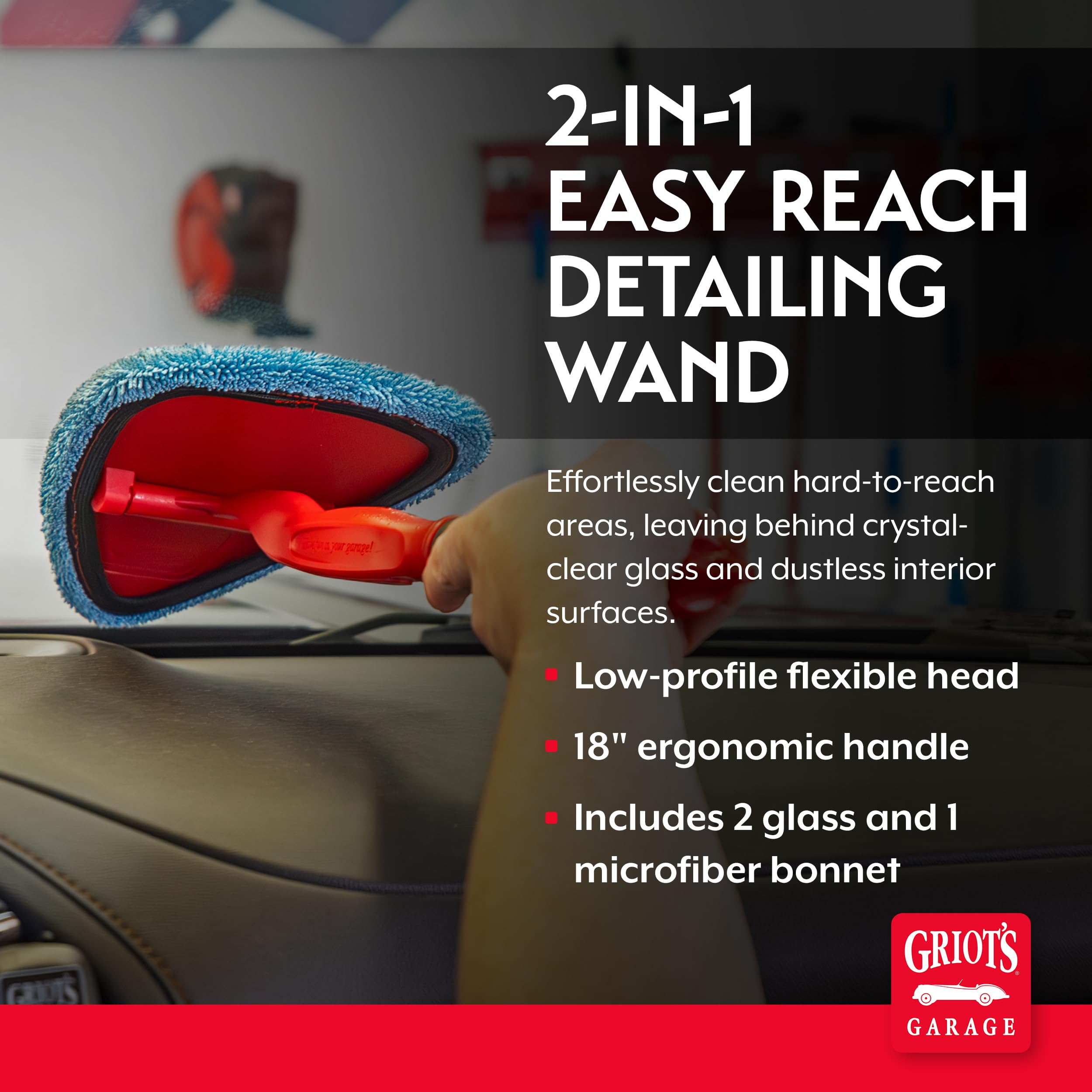 Griot's Garage 2-in-1 Easy Reach Detailing Wand, Extended Reach for Windshield, Window, Mirror, Dashboard, Vehicle Cleaning, 18" Handle - Image 2