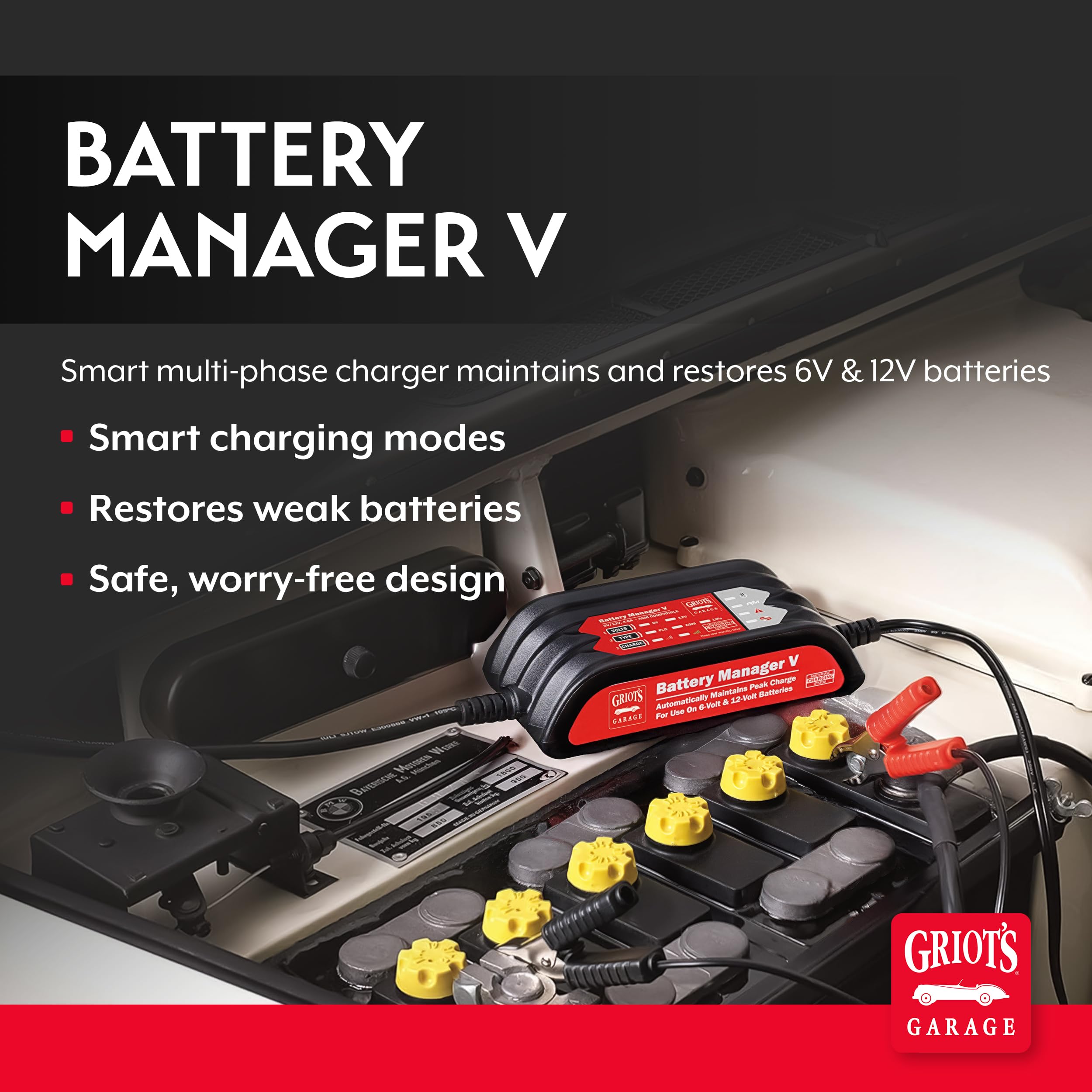 Griot's Garage Battery Manager V, Car Charger Maintainer for Trucks, RV's, Motorcycles, Boats and Generators, for Use on 6 or 12-Volt Batteries, 92232 - Image 2