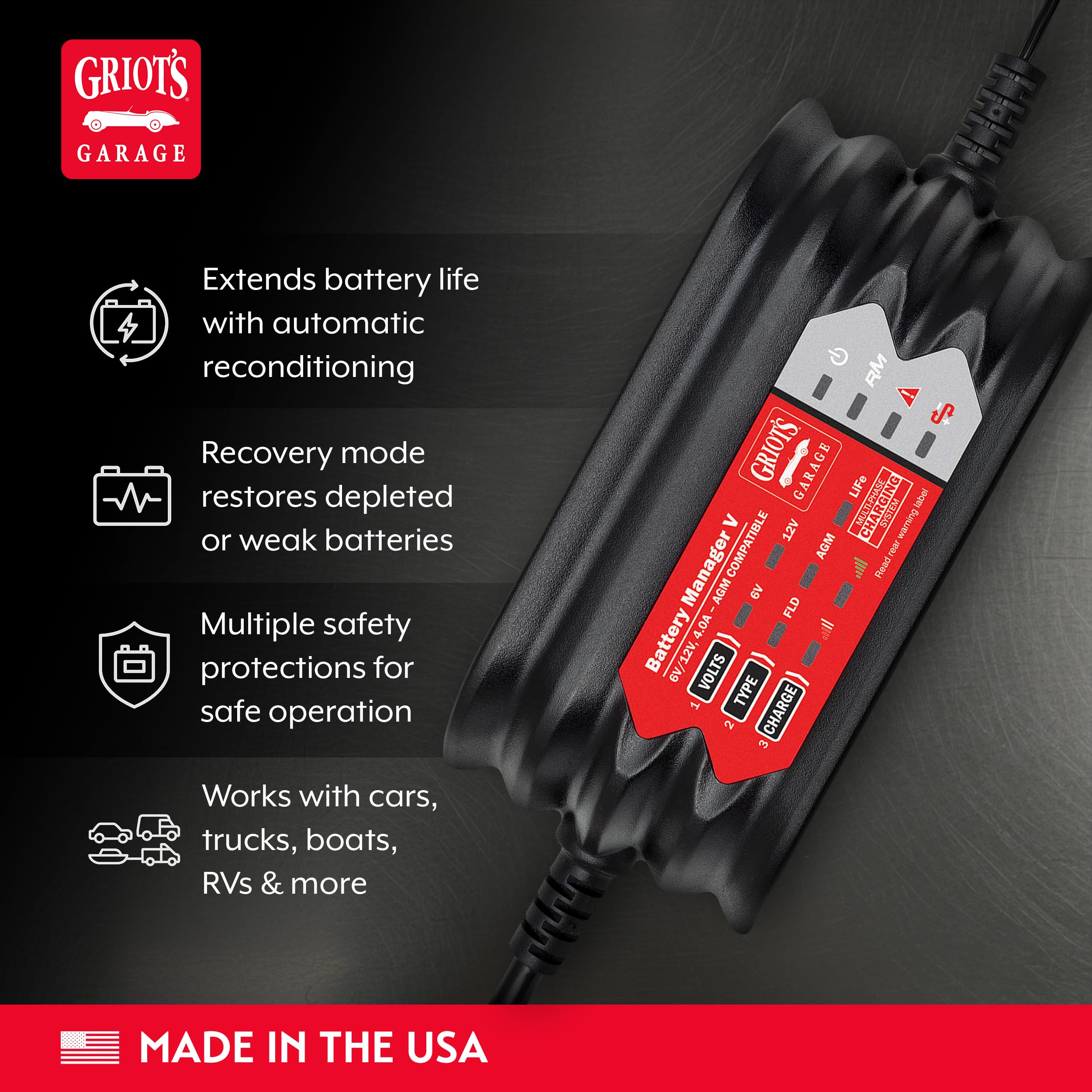 Griot's Garage Battery Manager V, Car Charger Maintainer for Trucks, RV's, Motorcycles, Boats and Generators, for Use on 6 or 12-Volt Batteries, 92232 - Image 3