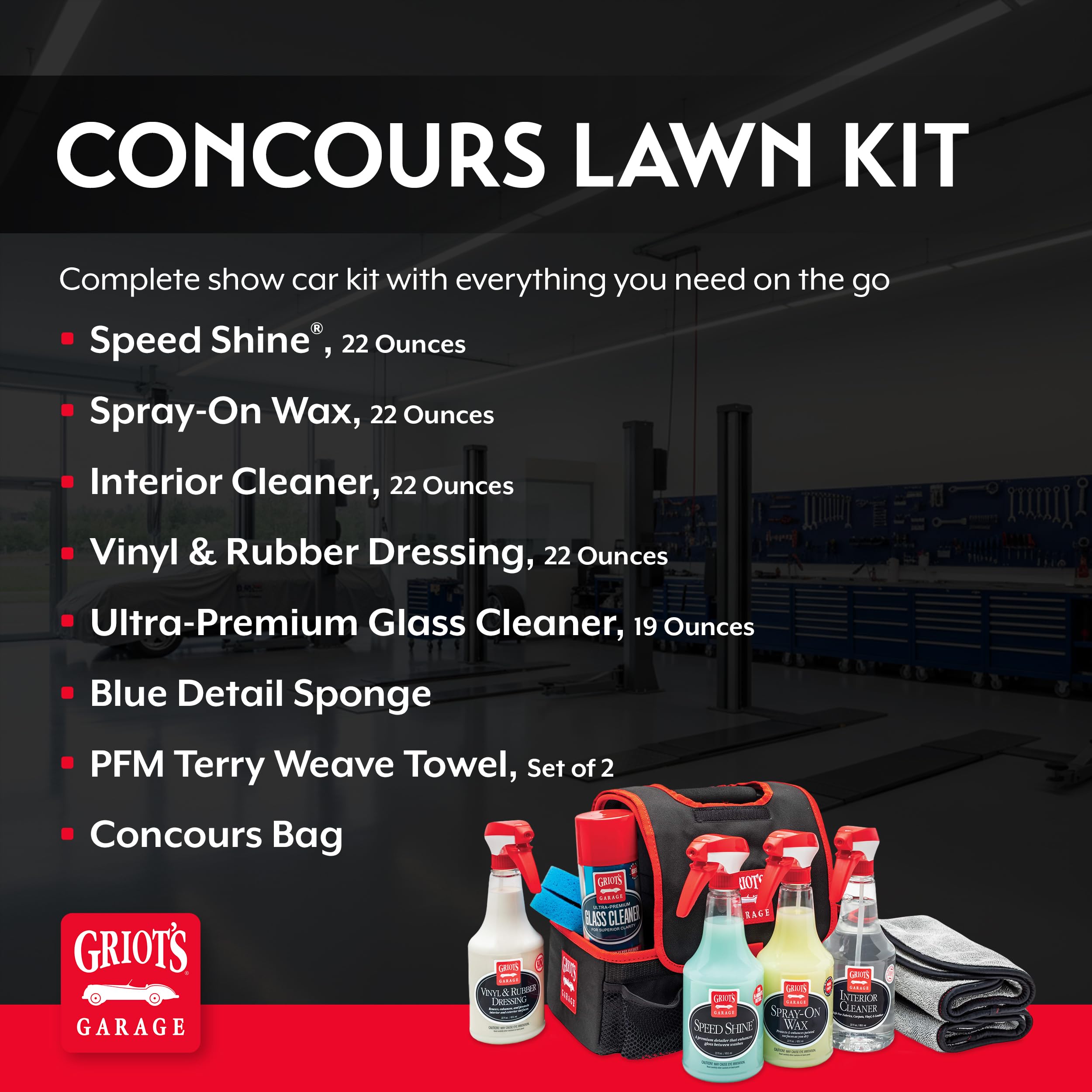 Griot's Garage Concours Lawn Kit, Vehicle Detailing Set, Includes Car Wax, Auto Detailer, Cleaner, Vinyl and Rubber Dressing, Detail Sponge and Towels, Concours Bag and More, 11389 - Image 2