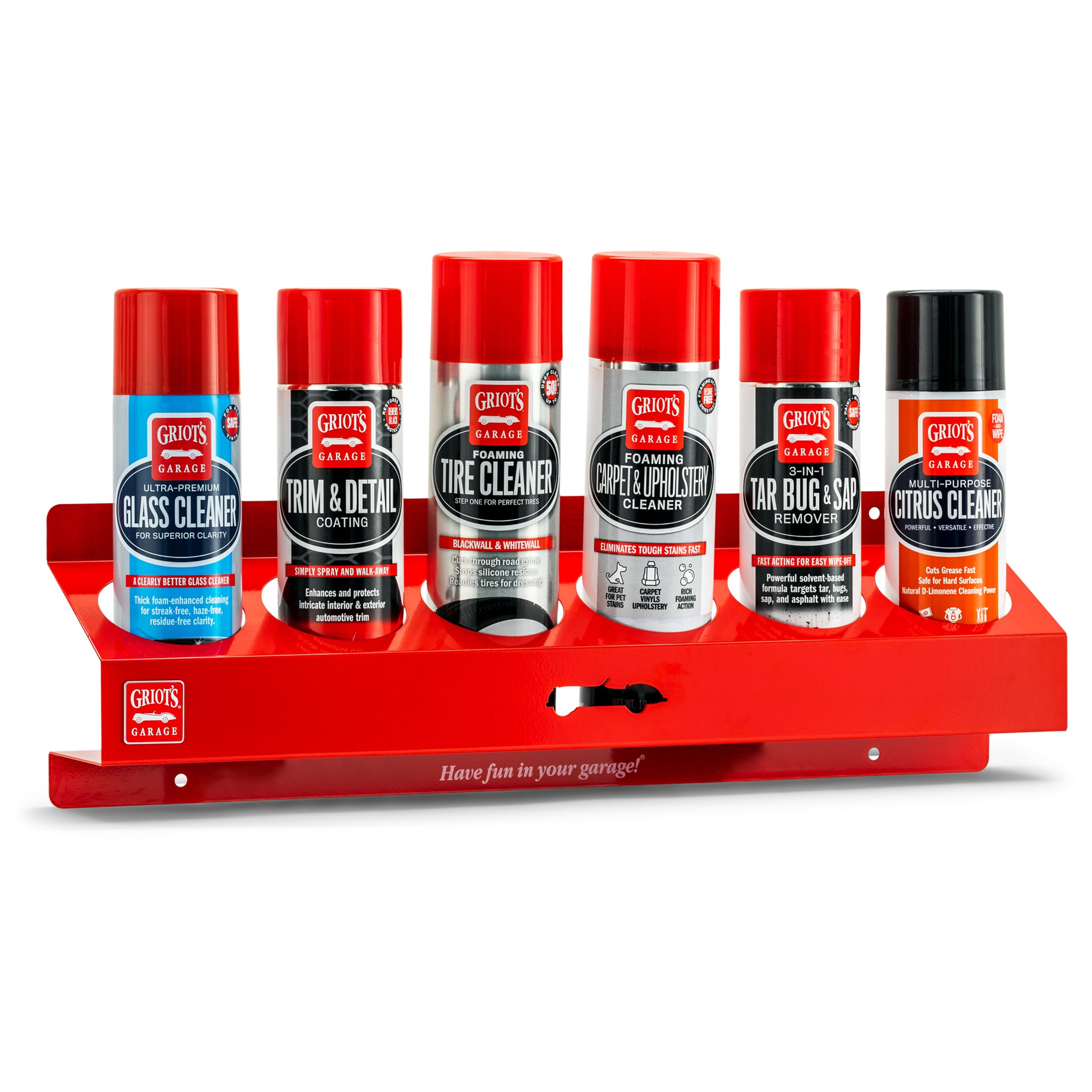 Griot's Garage Customer Favorites Can Sprayer Rack Kit, Includes Steel Holder with Tar Sap Remover, Trim Coating, Carpet, Upholstery, Tire, Glass, Window and Wheel Cleaners, and More, 11584