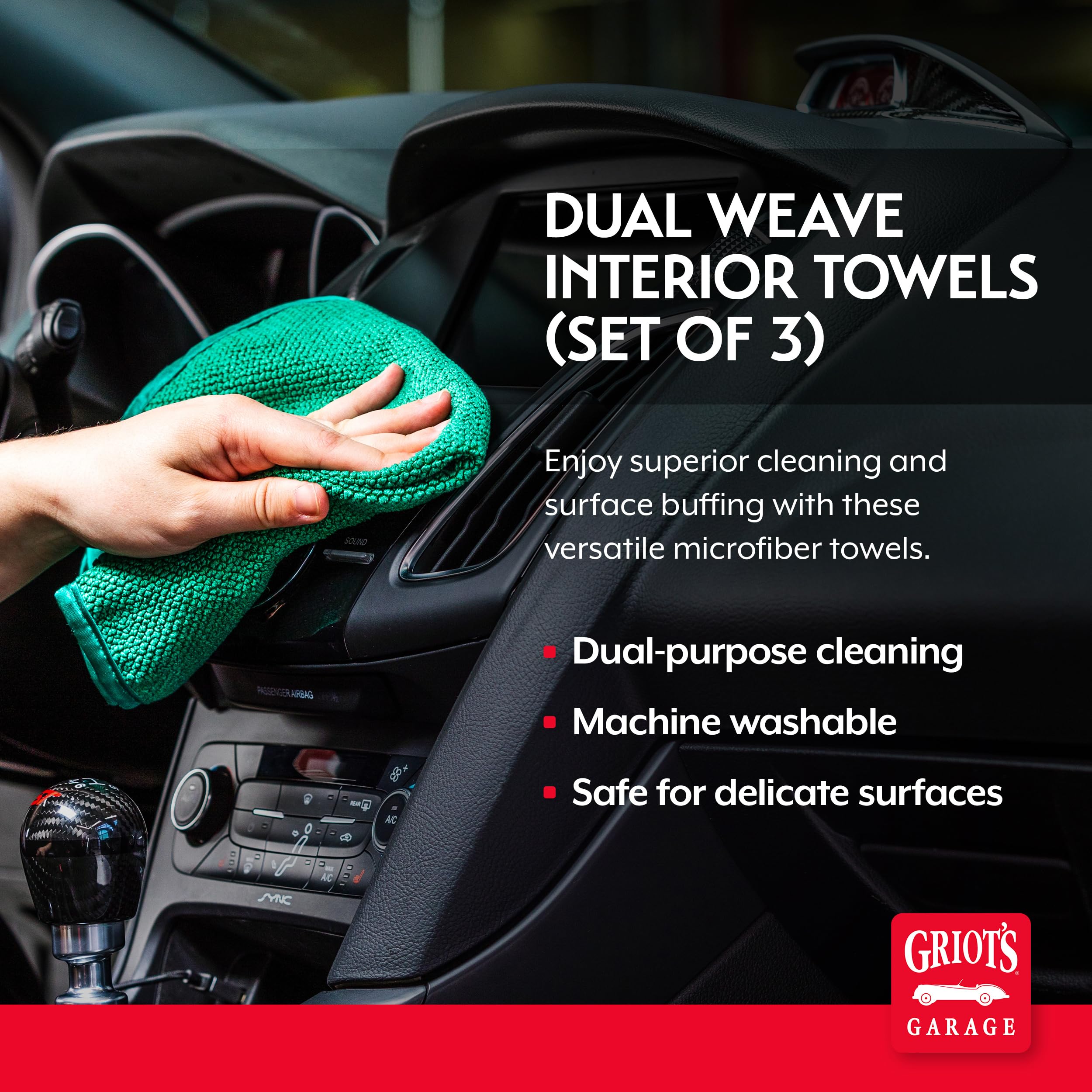 Griot's Garage Dual Weave Interior Towels for Car Detailing, Cleaning, and Polishing, Ultra-Absorbent, Scratch and Lint-Free, 16” x 16”, Set of 3, 10282 - Image 2