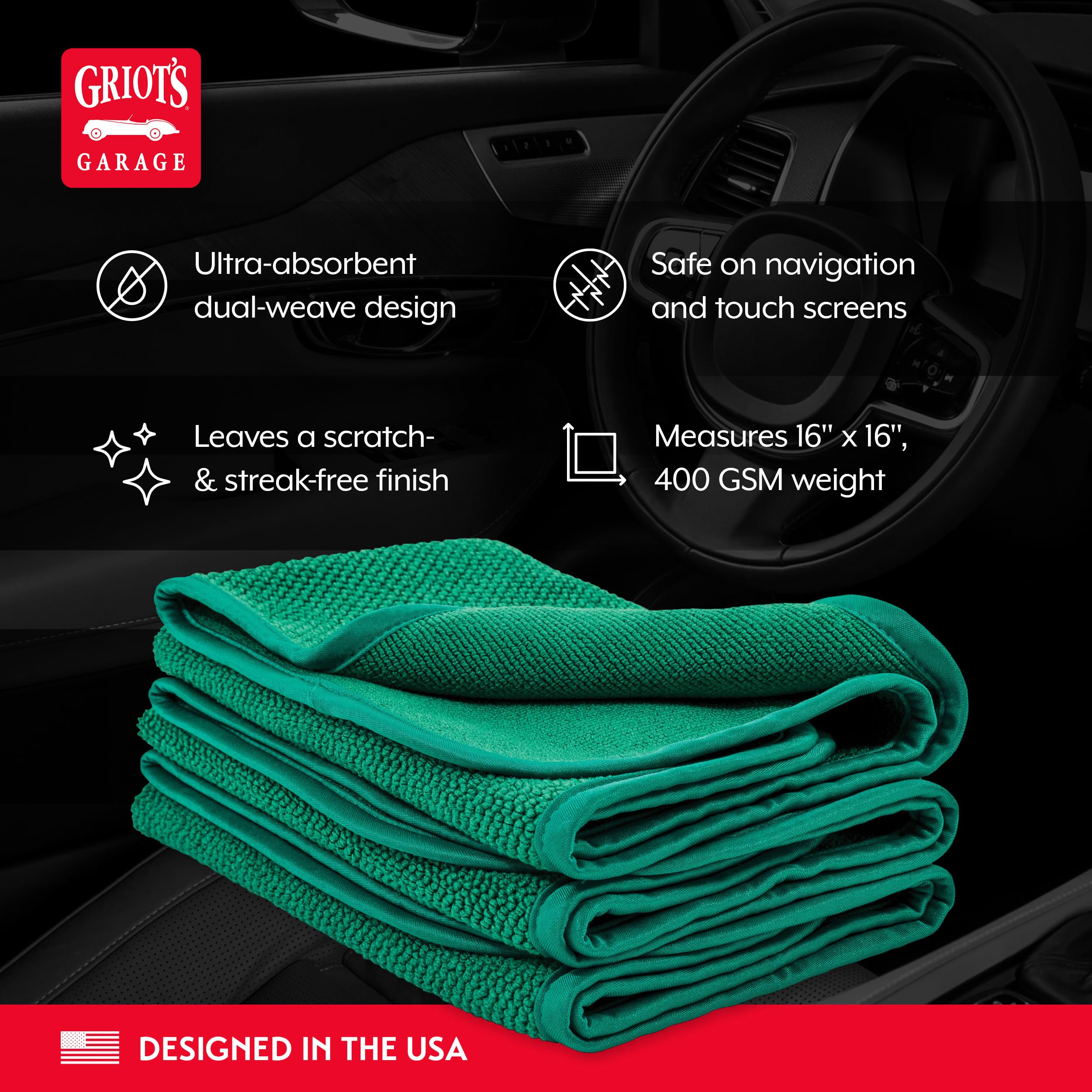 Griot's Garage Dual Weave Interior Towels for Car Detailing, Cleaning, and Polishing, Ultra-Absorbent, Scratch and Lint-Free, 16” x 16”, Set of 3, 10282 - Image 3