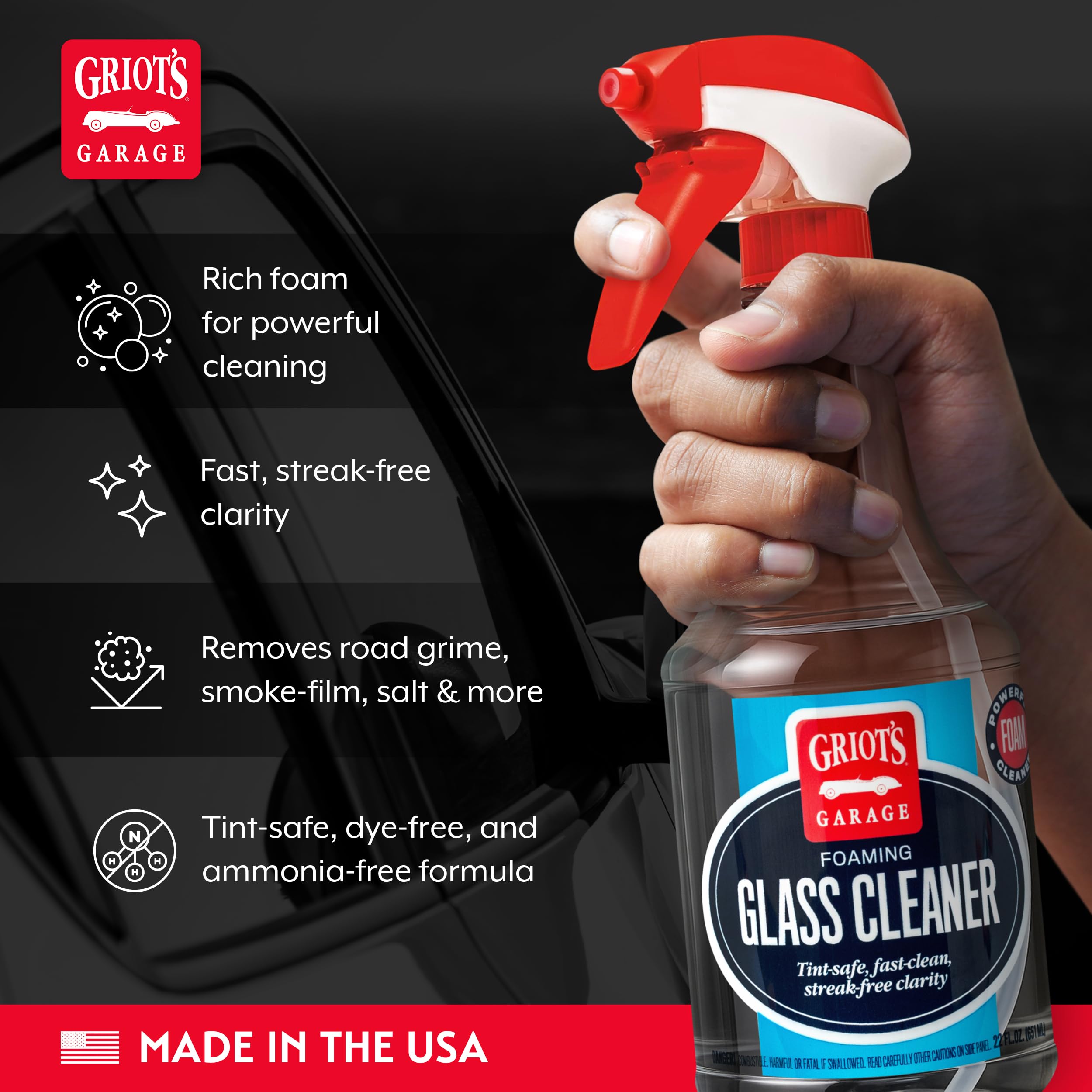 Griot's Garage Foaming Glass Cleaner Spray for Car Window, Windshield, Mirror, Tint Safe, No Streak, Dye and Ammonia-Free Formula, 22 Oz, 10891 - Image 3