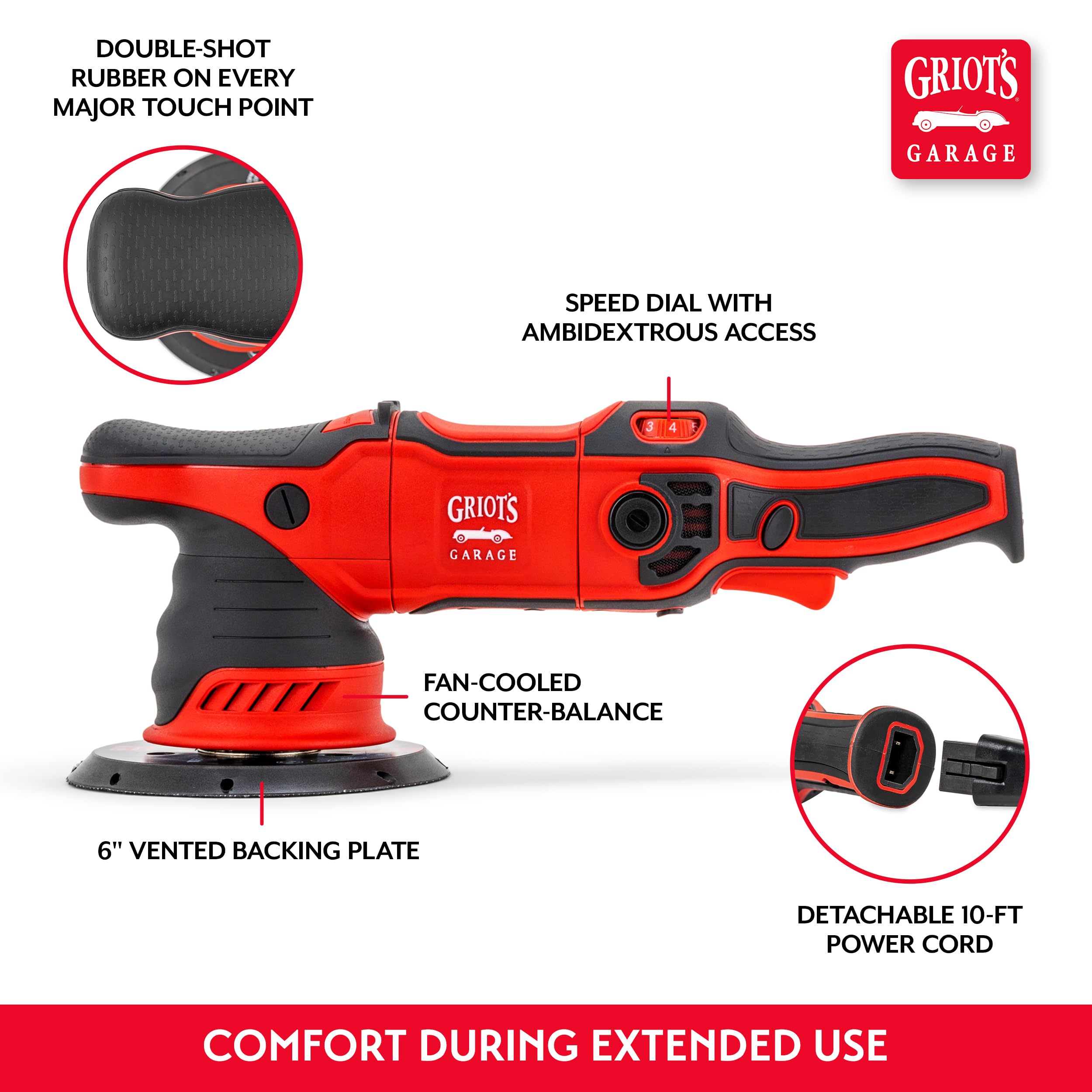 Griot's Garage G9 Random Orbital Polisher 10901 – 1000-Watt Dual Action Buffer for Car Detailing, Polishing, Waxing, Swirl and Scratch Removal – 6" Backing Plate, Variable Speed, Ergonomic Grip - Image 5