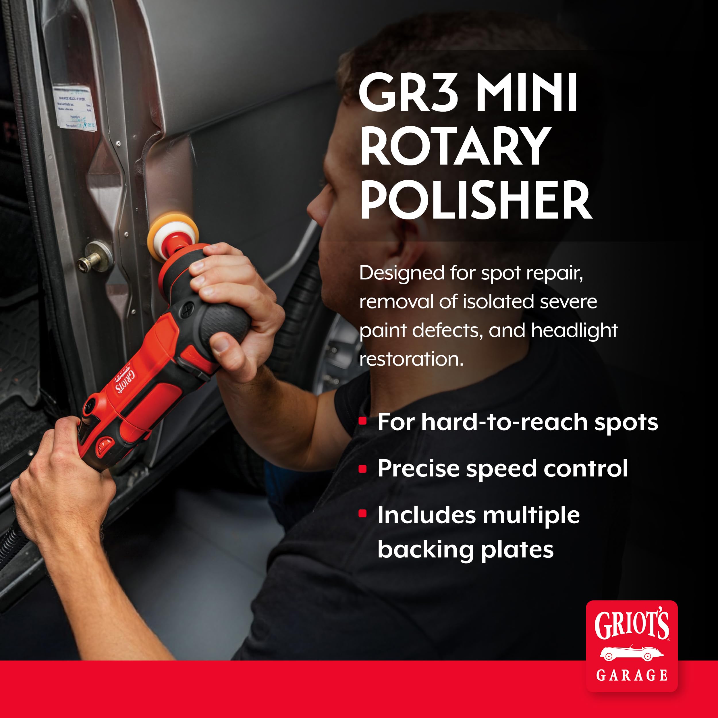 Griot's Garage GR3 Mini Rotary Polisher, 700-Watt Small Polishing Machine for Spot Repair, Includes 1”, 2”, and 3” Backing Plates, 2” and 3” Shaft Extensions, 10918 - Image 2