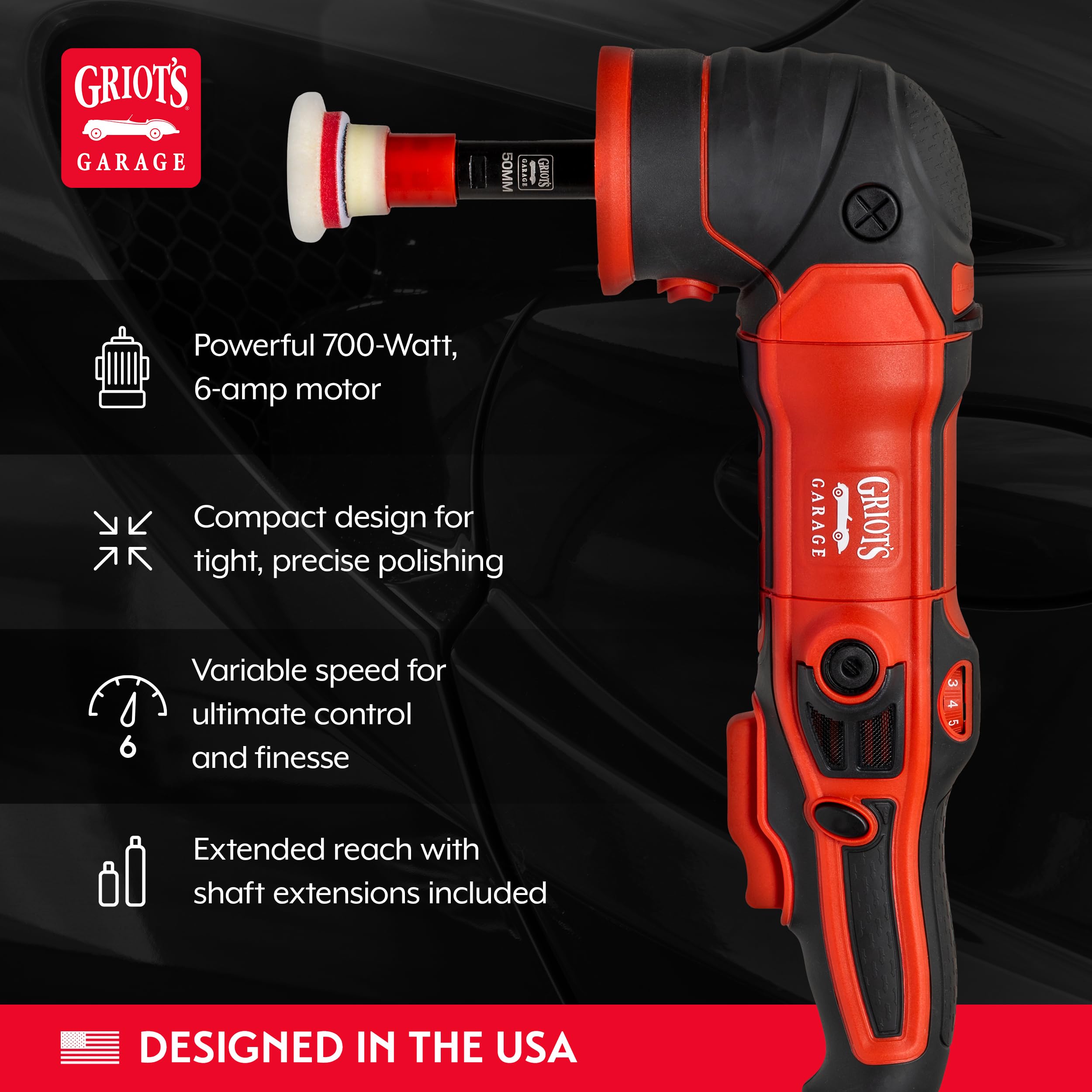 Griot's Garage GR3 Mini Rotary Polisher, 700-Watt Small Polishing Machine for Spot Repair, Includes 1”, 2”, and 3” Backing Plates, 2” and 3” Shaft Extensions, 10918 - Image 3