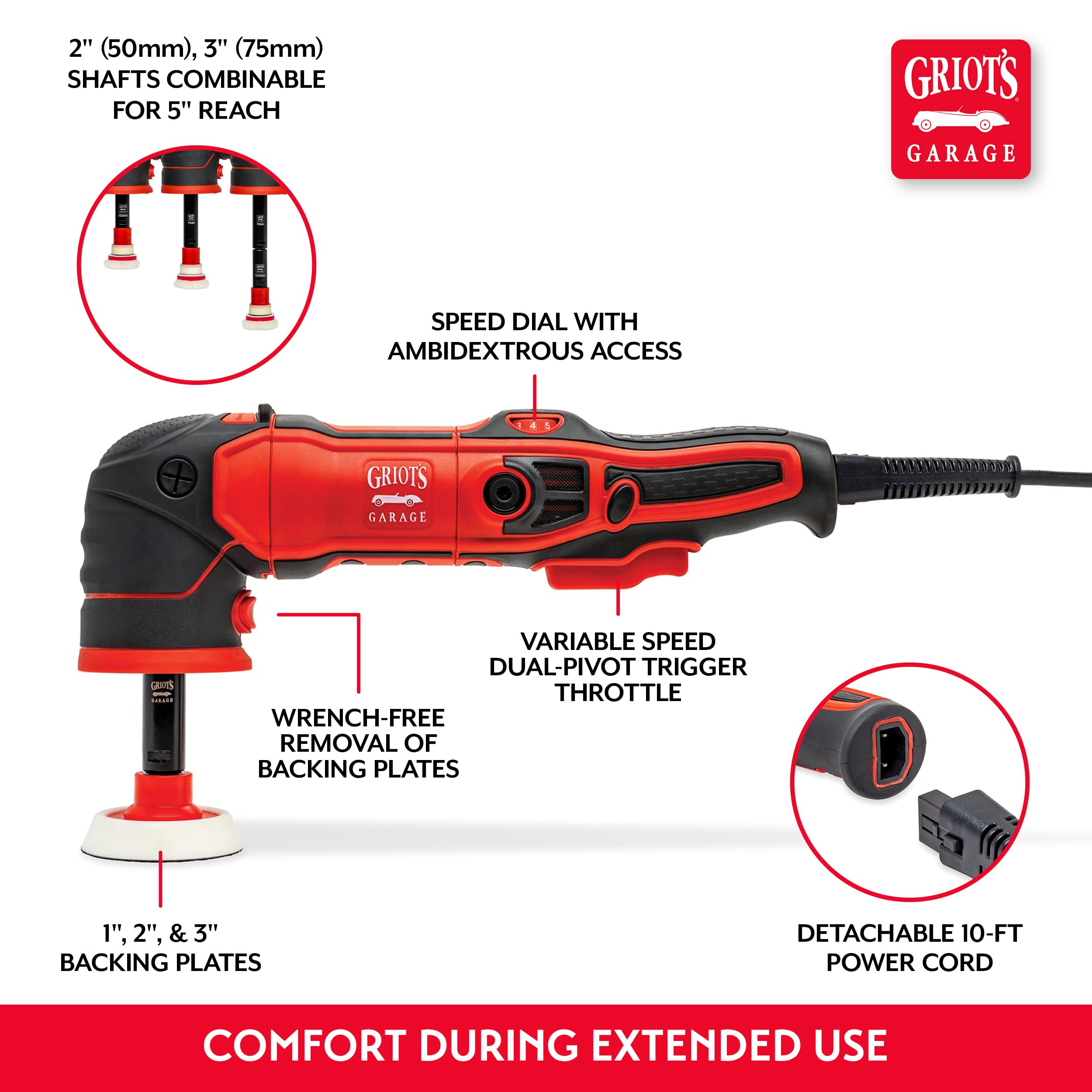 Griot's Garage GR3 Mini Rotary Polisher, 700-Watt Small Polishing Machine for Spot Repair, Includes 1”, 2”, and 3” Backing Plates, 2” and 3” Shaft Extensions, 10918 - Image 5