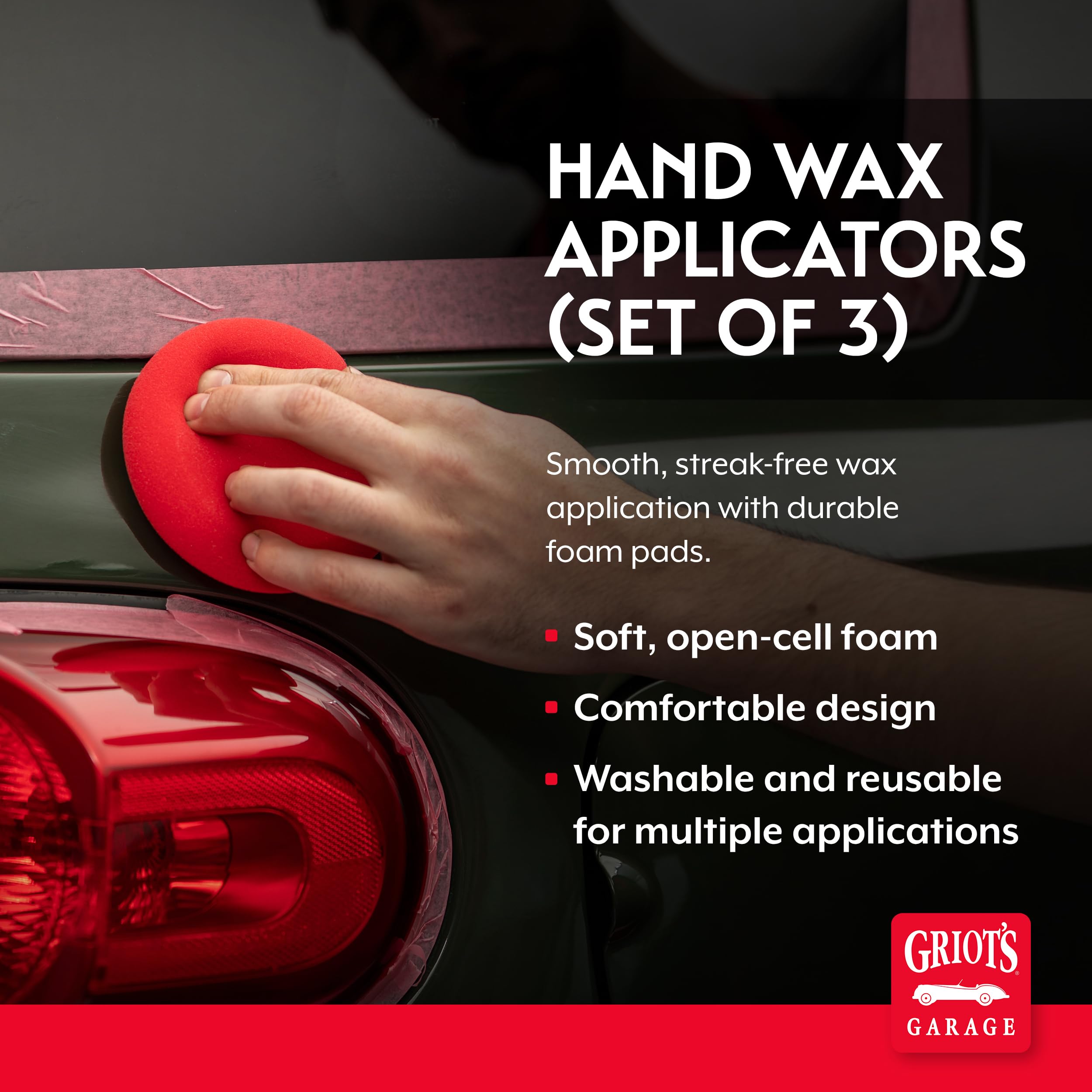 Griot's Garage Hand Wax Applicators, Foam Car Detailing Pads for Smooth Application of Waxes, Polishes, Dressing, Protectants, and More, Machine-Washable and Reusable, Red, Set of 3 - Image 2