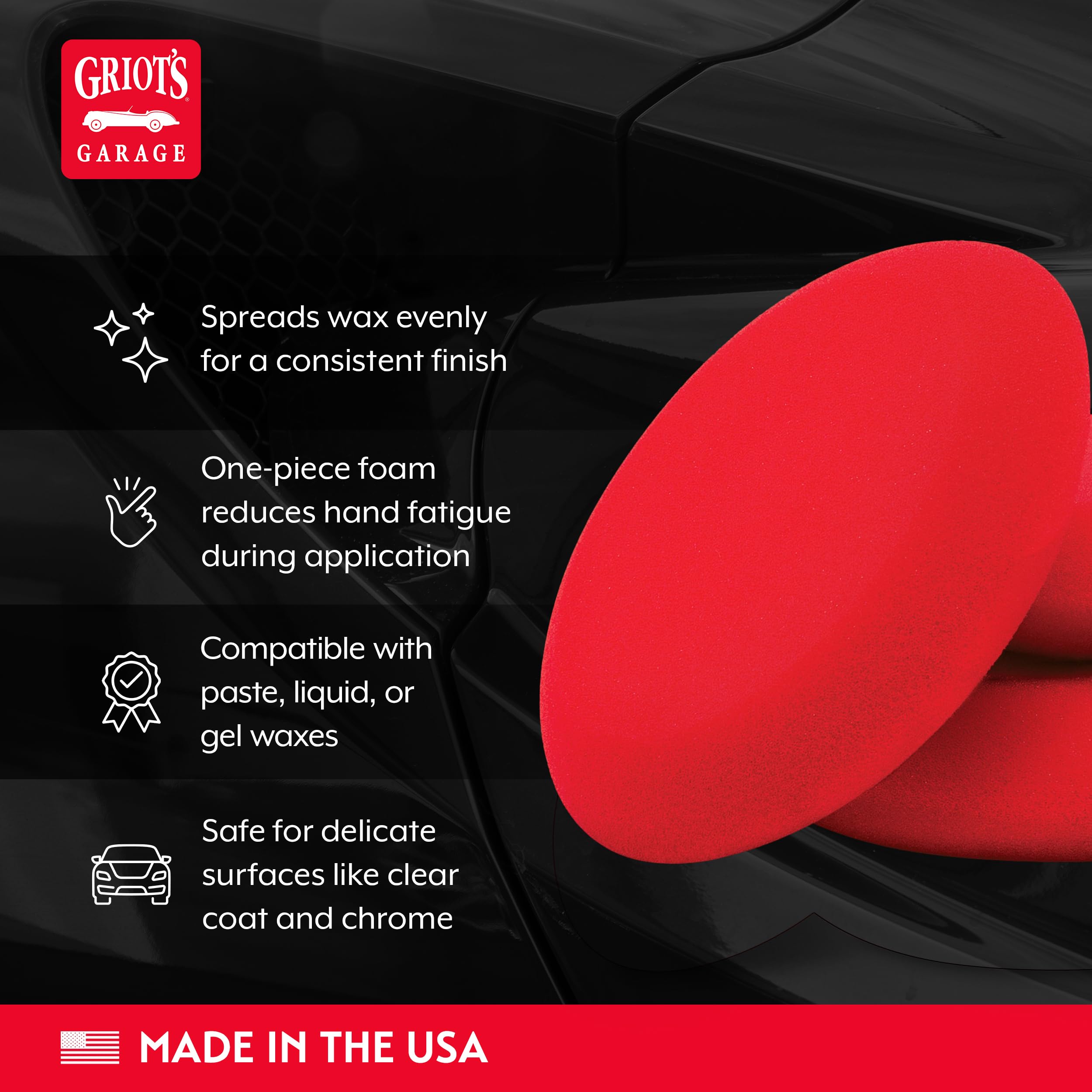 Griot's Garage Hand Wax Applicators, Foam Car Detailing Pads for Smooth Application of Waxes, Polishes, Dressing, Protectants, and More, Machine-Washable and Reusable, Red, Set of 3 - Image 3