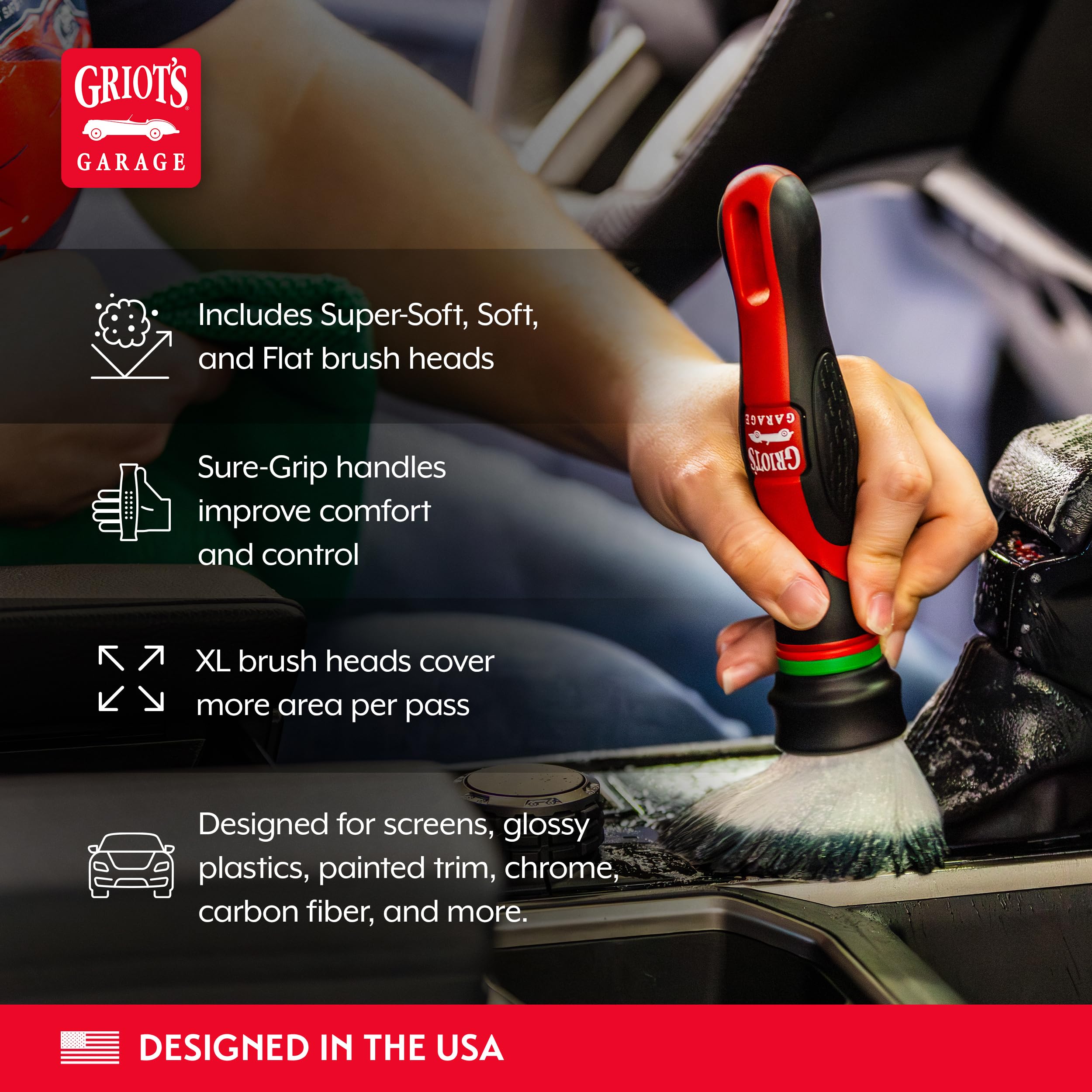 Griot's Garage Interior MOD Detail Brush Kit for Car Detailing, Includes 3 Sure-Grip Handles, 3 XL Brush Heads, Super-Soft, Soft, Flat - Image 3