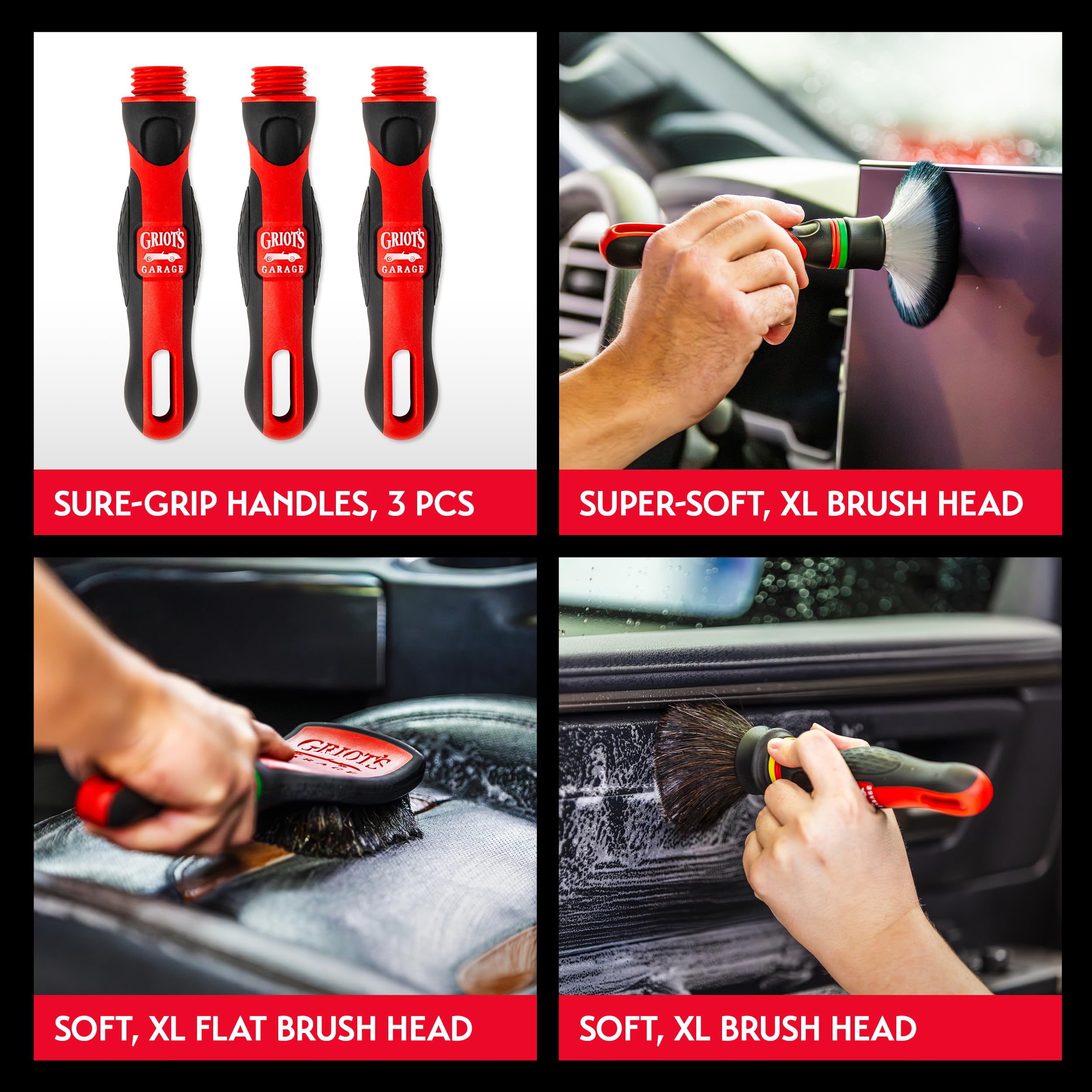 Griot's Garage Interior MOD Detail Brush Kit for Car Detailing, Includes 3 Sure-Grip Handles, 3 XL Brush Heads, Super-Soft, Soft, Flat - Image 4