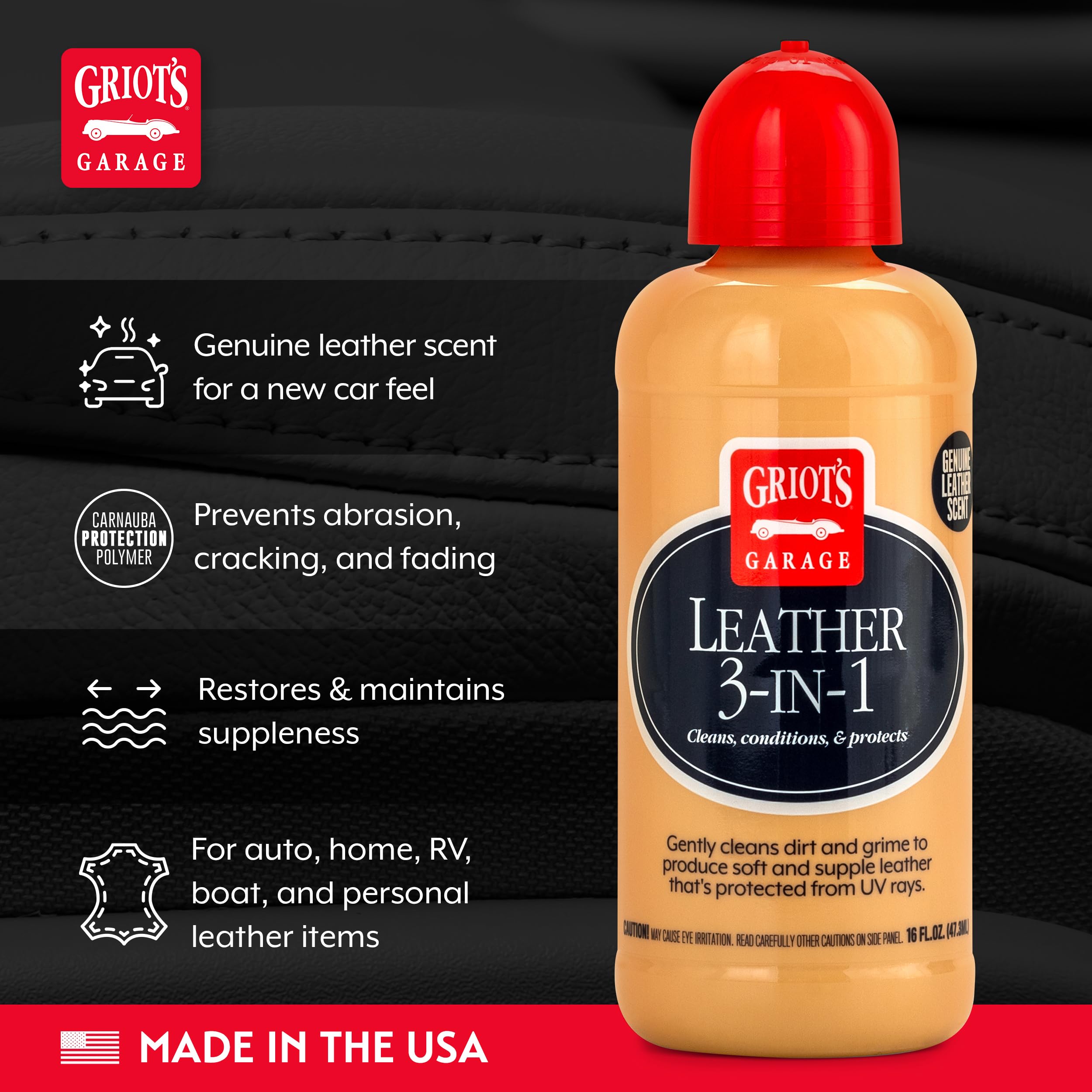 Griot's Garage Leather 3-in-1, Leather Cleaner and Conditioner for Car Leather Seat Upholstery, Sofa, Jacket, Shoes, and More, Cleans, Conditions, and Protects, 16 Oz, 11019 - Image 3
