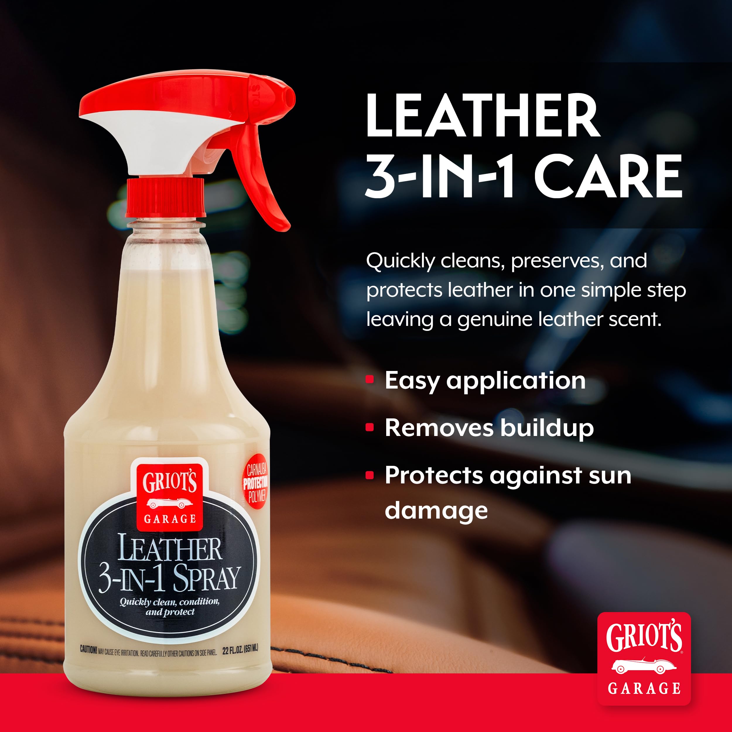 Griot's Garage Leather 3-in-1 Spray, Cleaner and Conditioner for Leather and Vinyl, Car Seats and Vehicle Interior, Truck, RV, Boats, and Home, 10963, 22 oz - Image 2