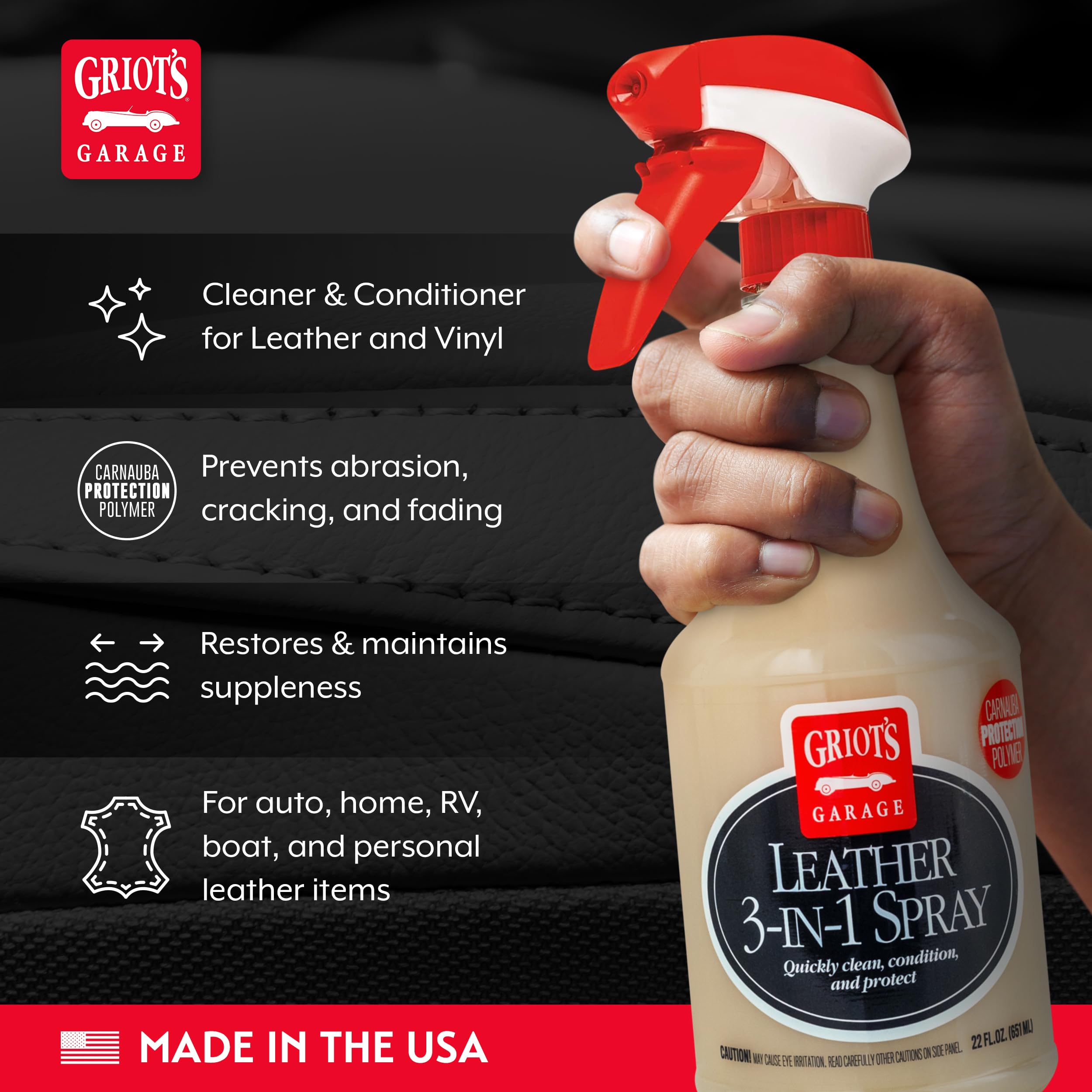 Griot's Garage Leather 3-in-1 Spray, Cleaner and Conditioner for Leather and Vinyl, Car Seats and Vehicle Interior, Truck, RV, Boats, and Home, 10963, 22 oz - Image 3