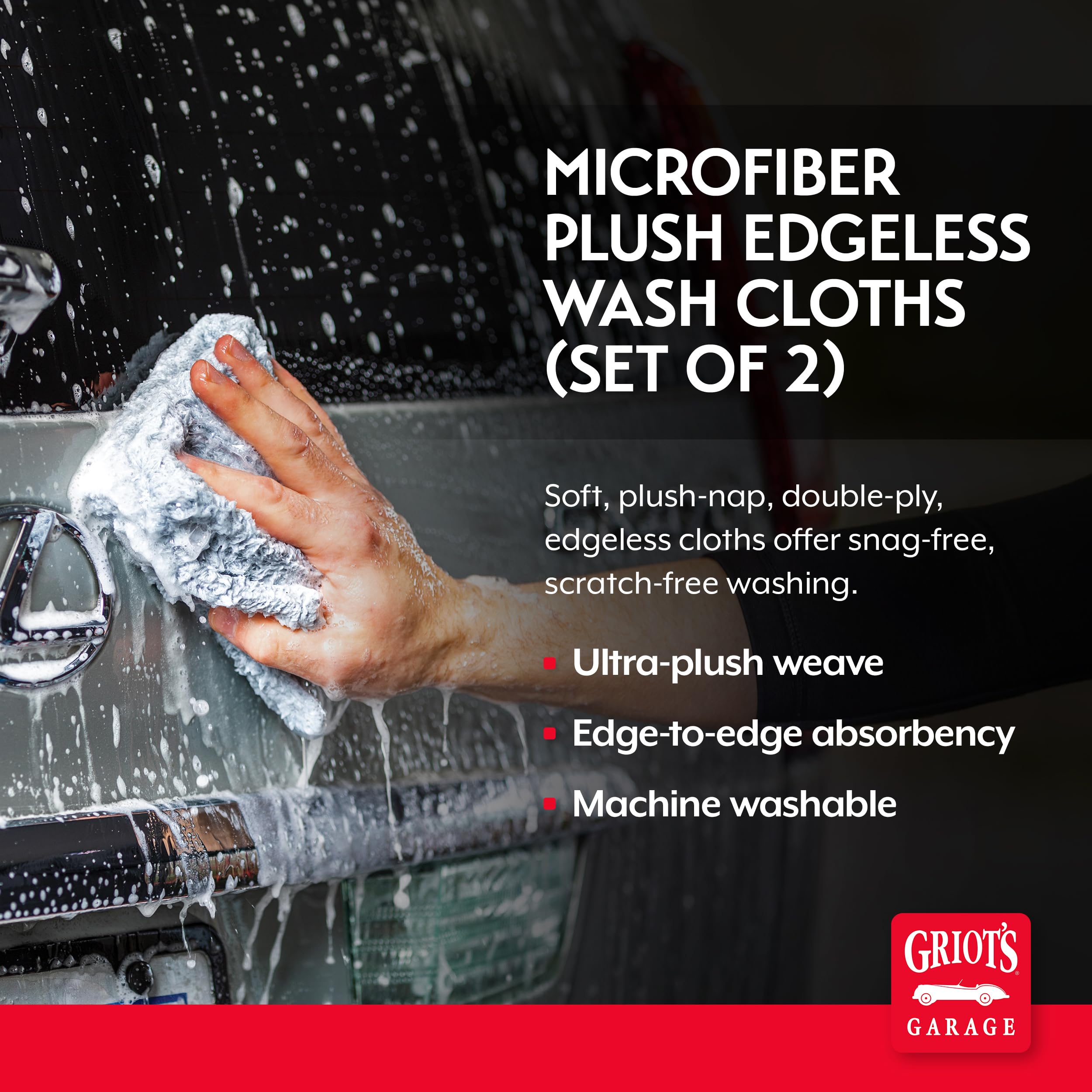 Griot's Garage Microfiber Plush Edgeless Wash Cloths for Car Cleaning, Scratch-Free, Machine-Washable, 12" x 12", Set of 2, 10295 - Image 2