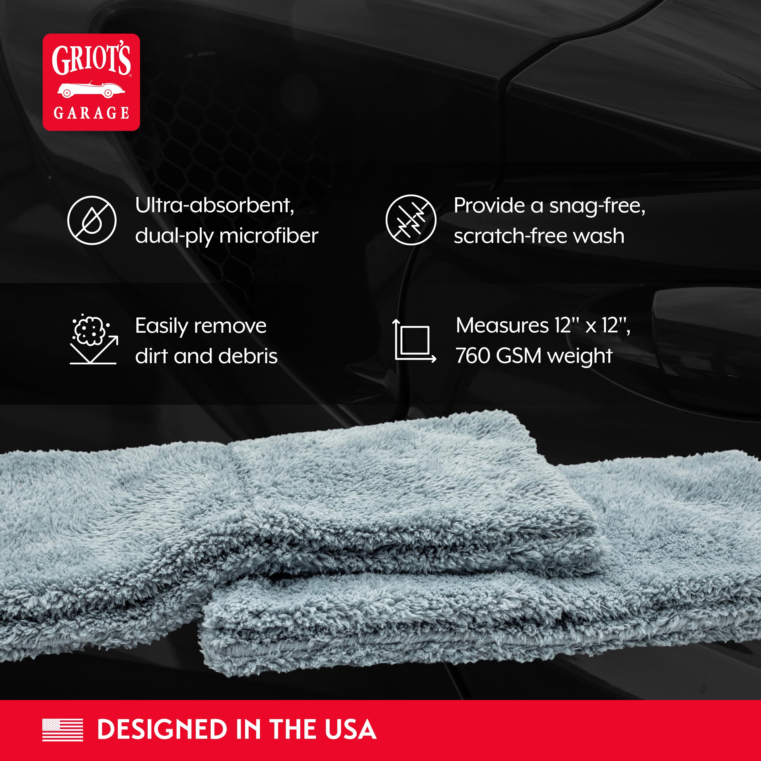 Griot's Garage Microfiber Plush Edgeless Wash Cloths for Car Cleaning, Scratch-Free, Machine-Washable, 12" x 12", Set of 2, 10295 - Image 3