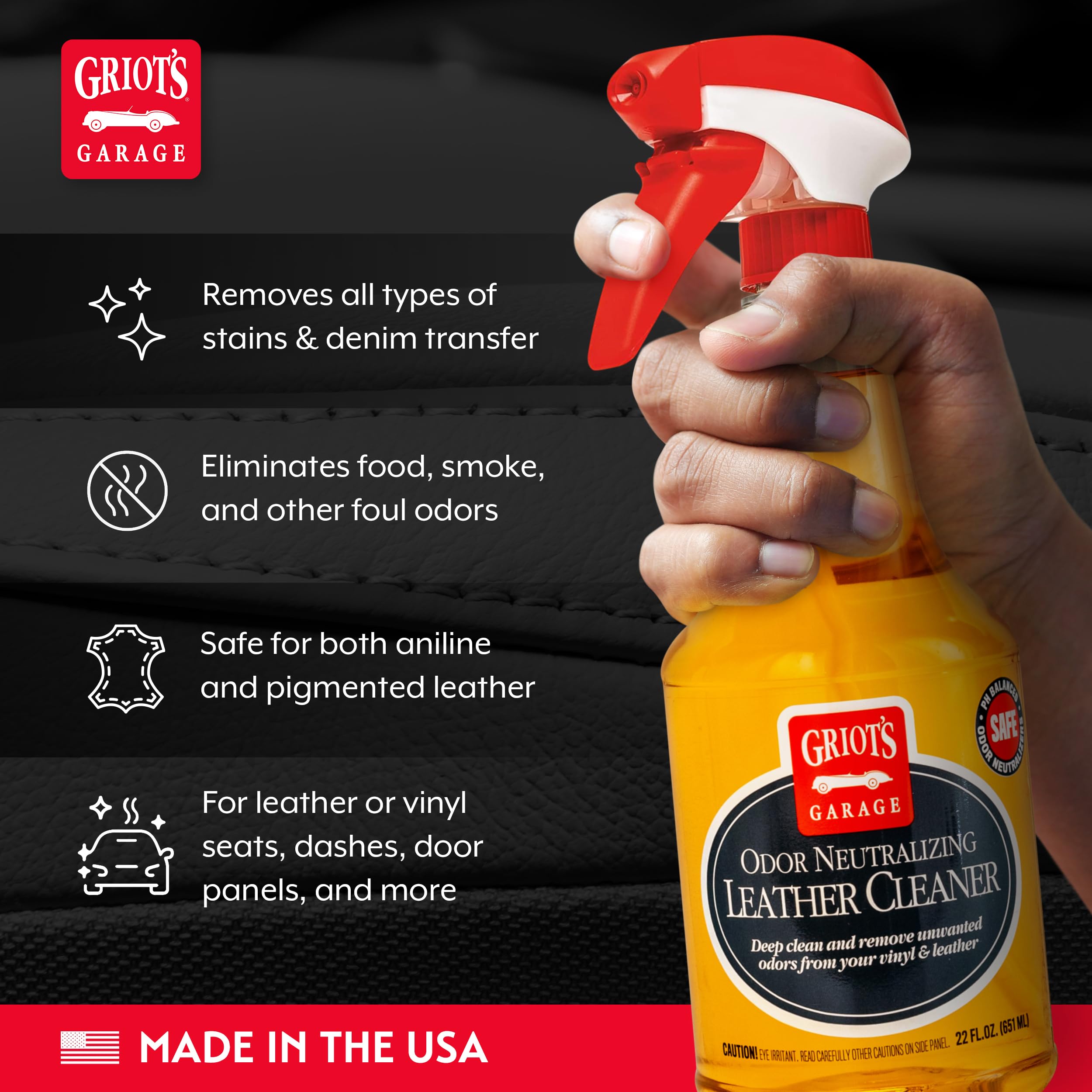 Griot's Garage Odor Neutralizing Leather Cleaner for Car Seats, Dashboard, Door Panels, Eliminates Unwanted Smells, 10971, 22oz - Image 3