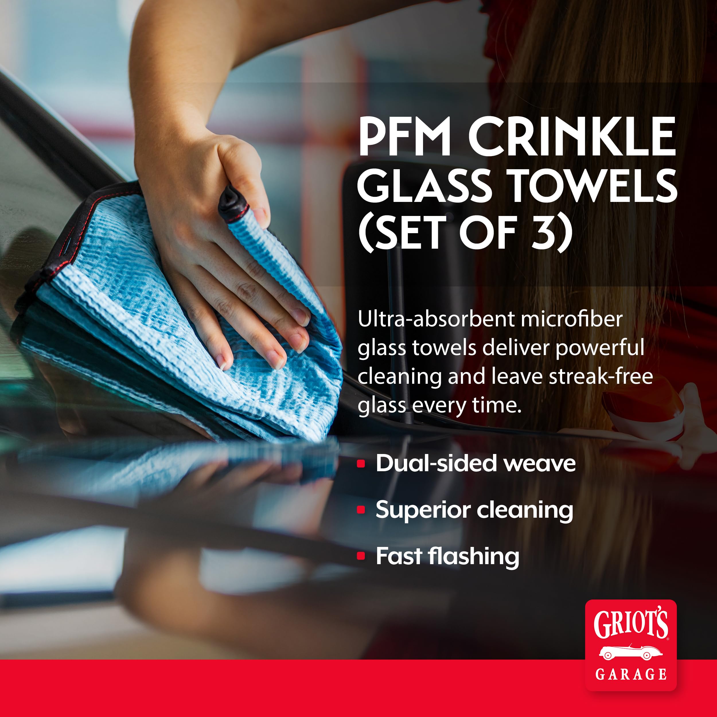 Griot's Garage PFM Crinkle Glass Towels for Car Detailing, Streak-Free Cleaning for Windows, Windshield, Mirrors, and More, 16" x 16", 55583, Set of 3 - Image 2