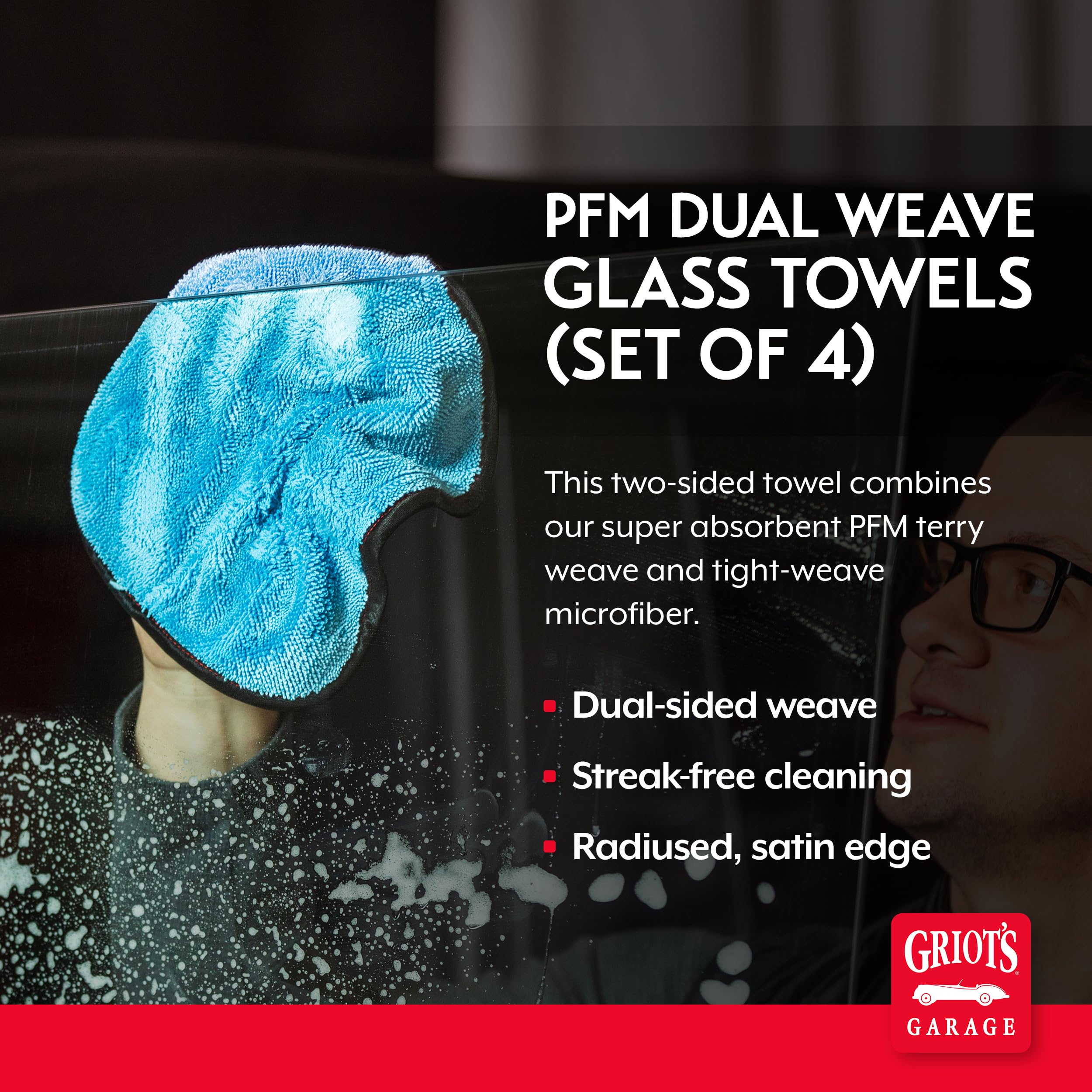 Griot's Garage PFM Dual Weave Glass Towels for Car Windows and Windshield Cleaning, Cloths for Auto Detailing, Double-Sided, Set of 4, 9" x 9", 55582 - Image 2