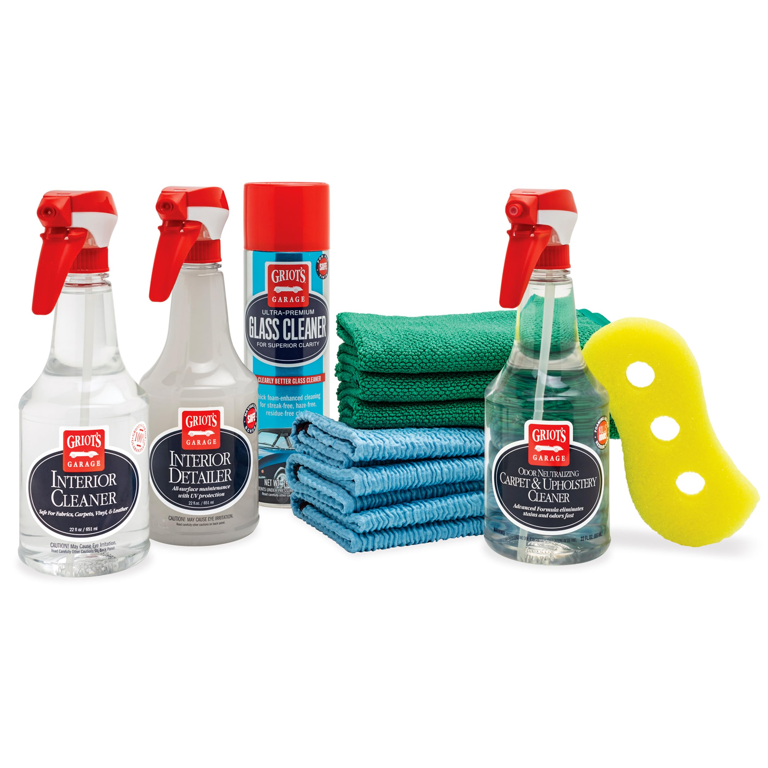 Griot's Garage Starter Interior Kit, Car Cleaning and Detailing Set, Includes Carpet, Upholstery and Glass Cleaners, Detailer, Towels, and Foam Scrubber, 11625