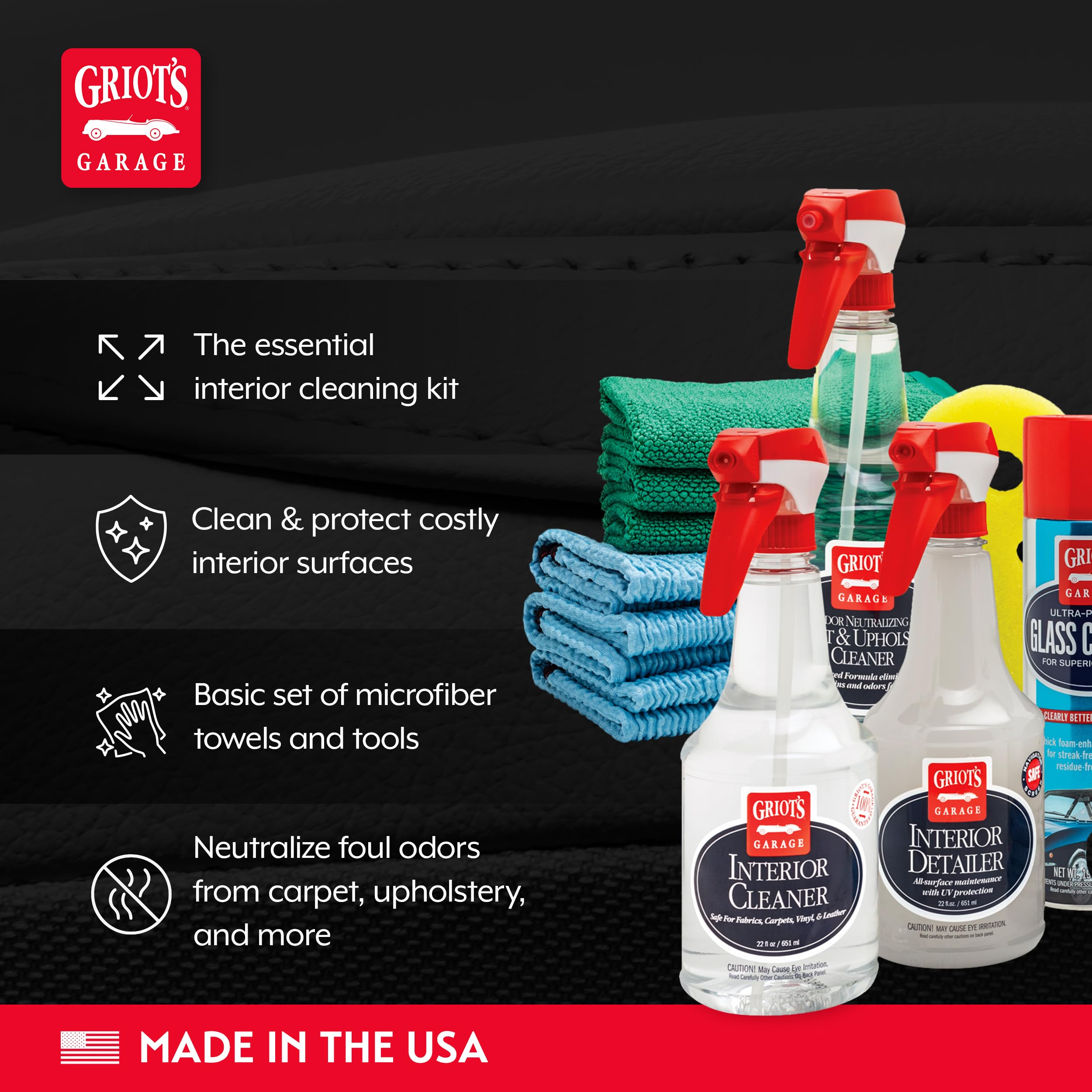 Griot's Garage Starter Interior Kit, Car Cleaning and Detailing Set, Includes Carpet, Upholstery and Glass Cleaners, Detailer, Towels, and Foam Scrubber, 11625 - Image 3