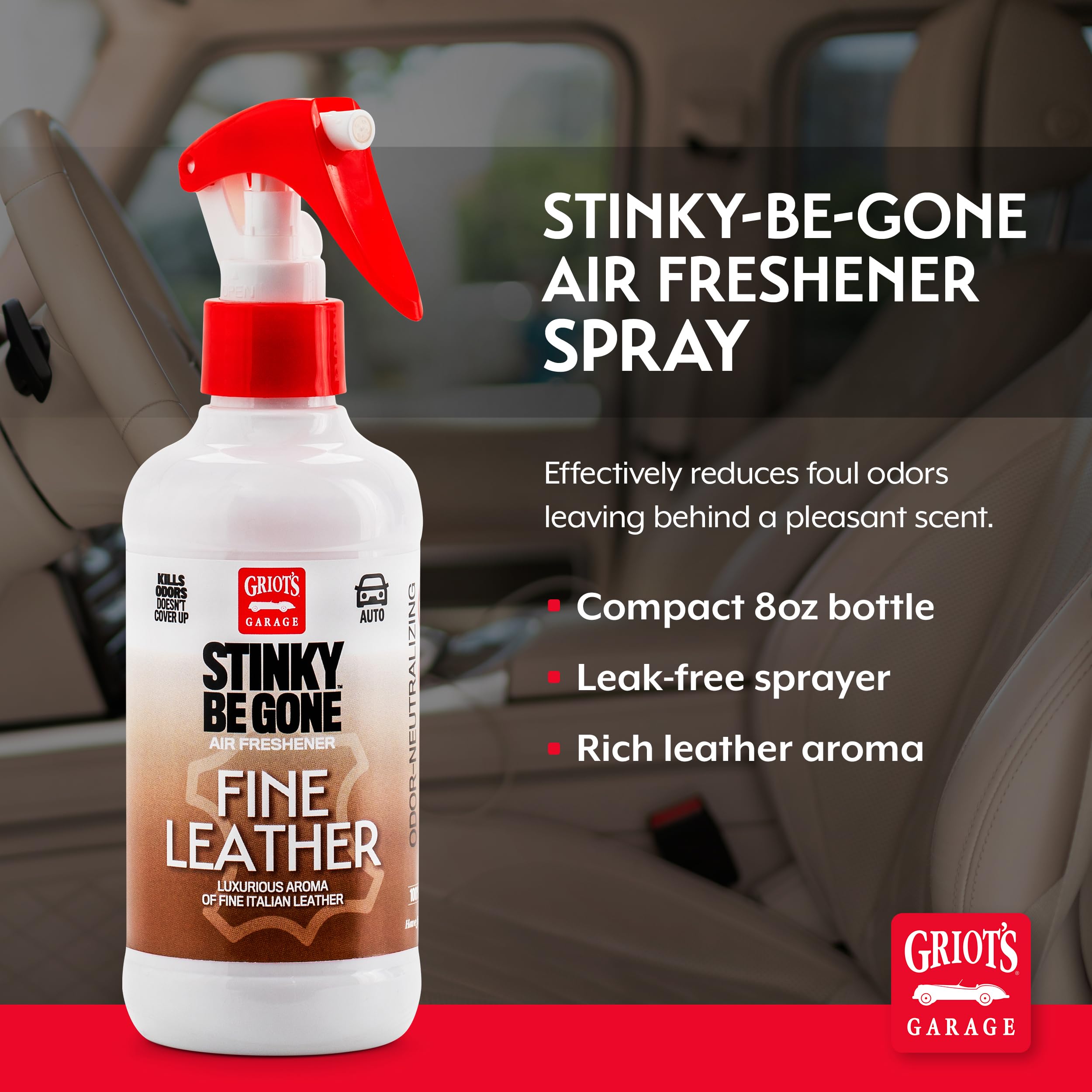 Griot's Garage Stinky-Be-Gone Fine Leather Air Freshener Spray – Odor Remover for Cars, Trucks, and SUVs on Carpets, Floor Mats, and Under Seats, 8oz - Image 2