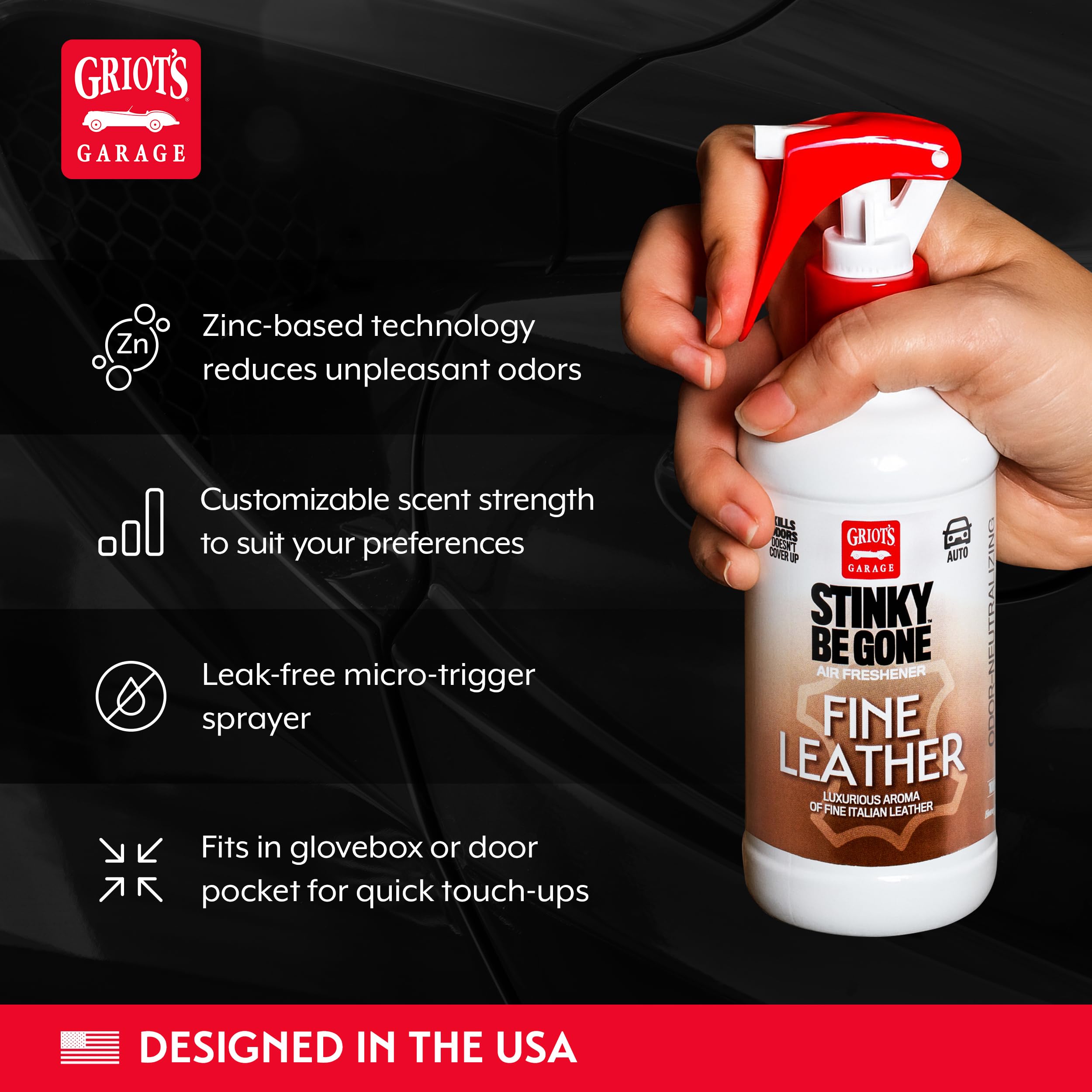 Griot's Garage Stinky-Be-Gone Fine Leather Air Freshener Spray – Odor Remover for Cars, Trucks, and SUVs on Carpets, Floor Mats, and Under Seats, 8oz - Image 3