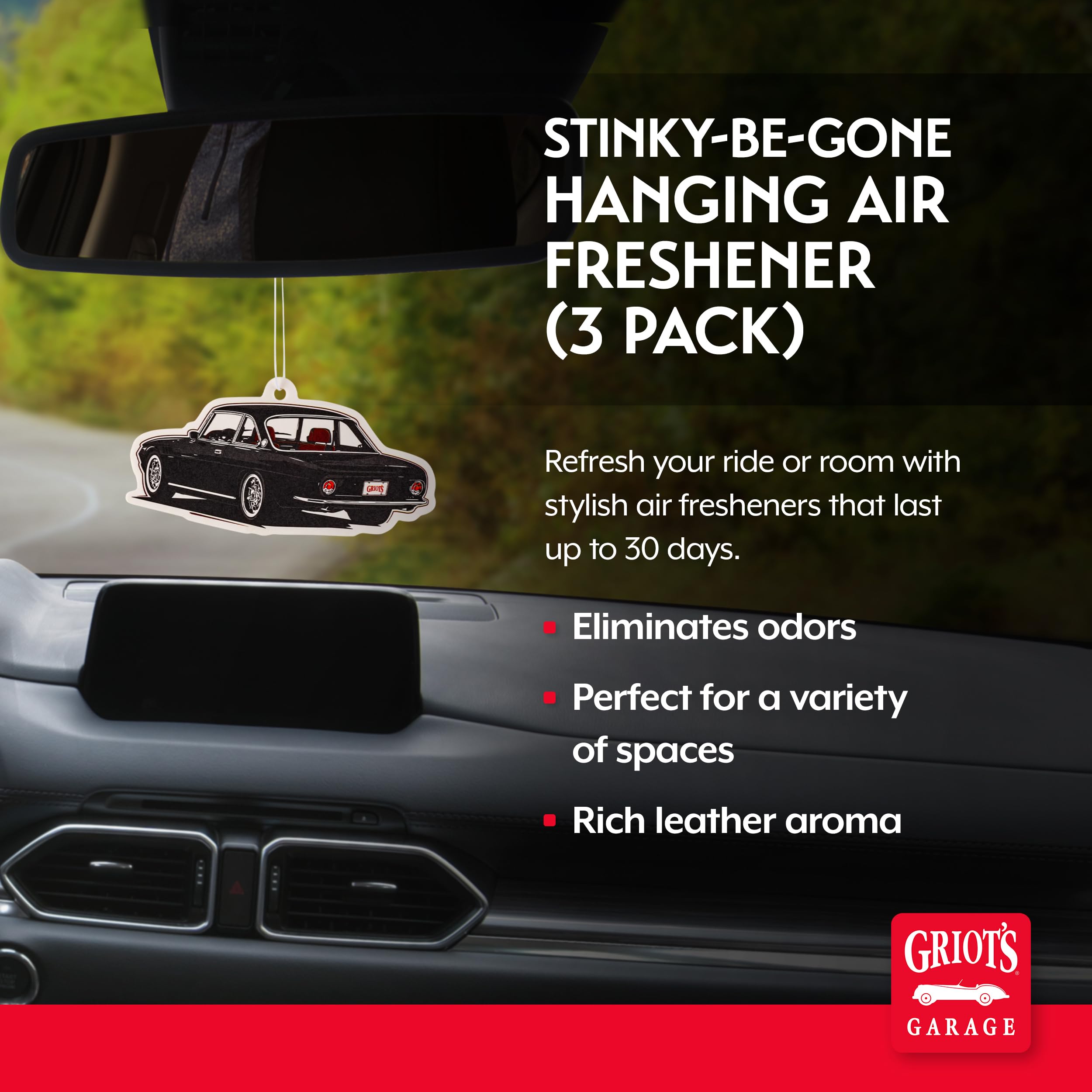 Griot's Garage Stinky-Be-Gone Hanging Air Freshener, Odor Remover, Car Scent for Garage, Closet, Laundry Rooms, Bathrooms, and More, 3 Pack, Fine Leather, 10823 - Image 2