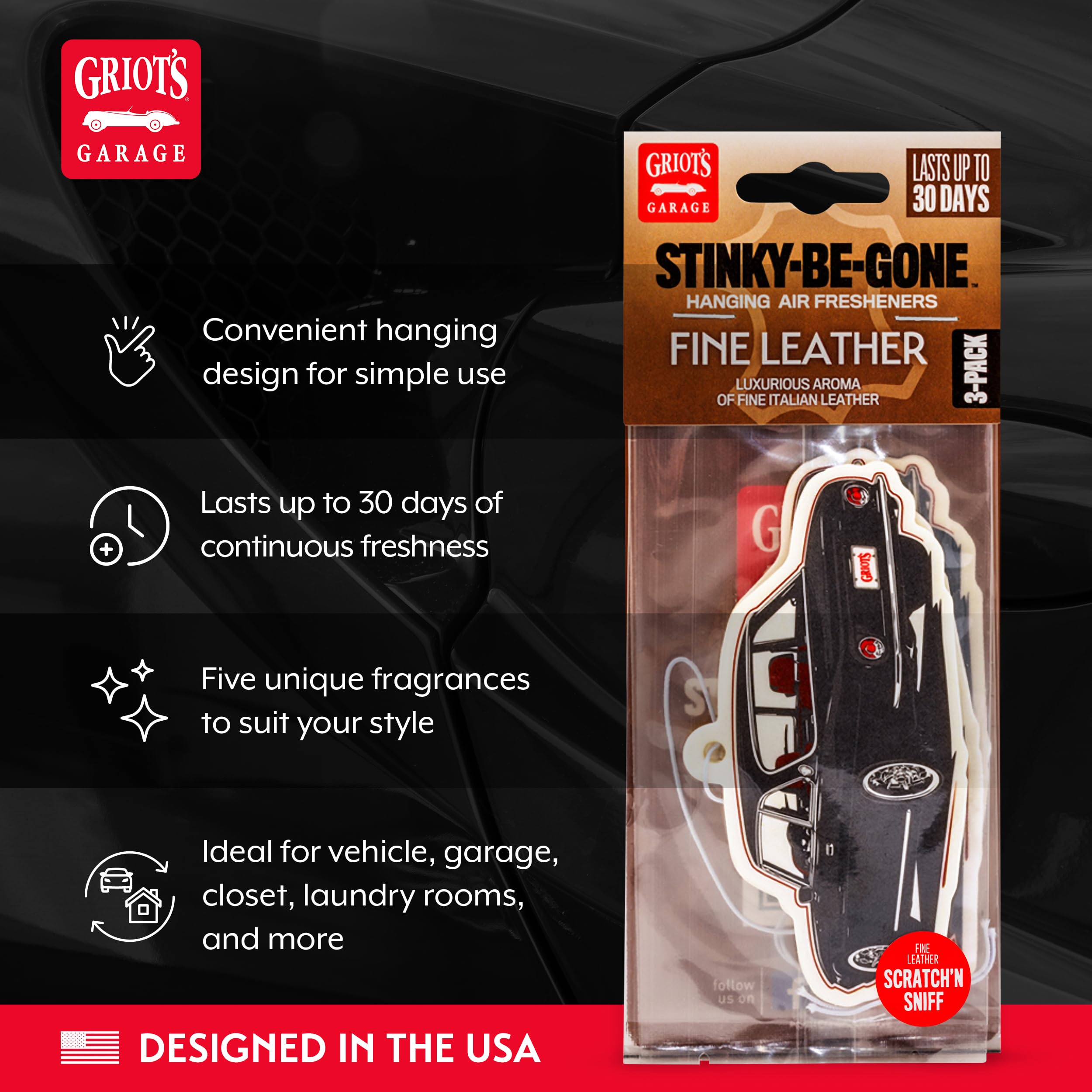 Griot's Garage Stinky-Be-Gone Hanging Air Freshener, Odor Remover, Car Scent for Garage, Closet, Laundry Rooms, Bathrooms, and More, 3 Pack, Fine Leather, 10823 - Image 3