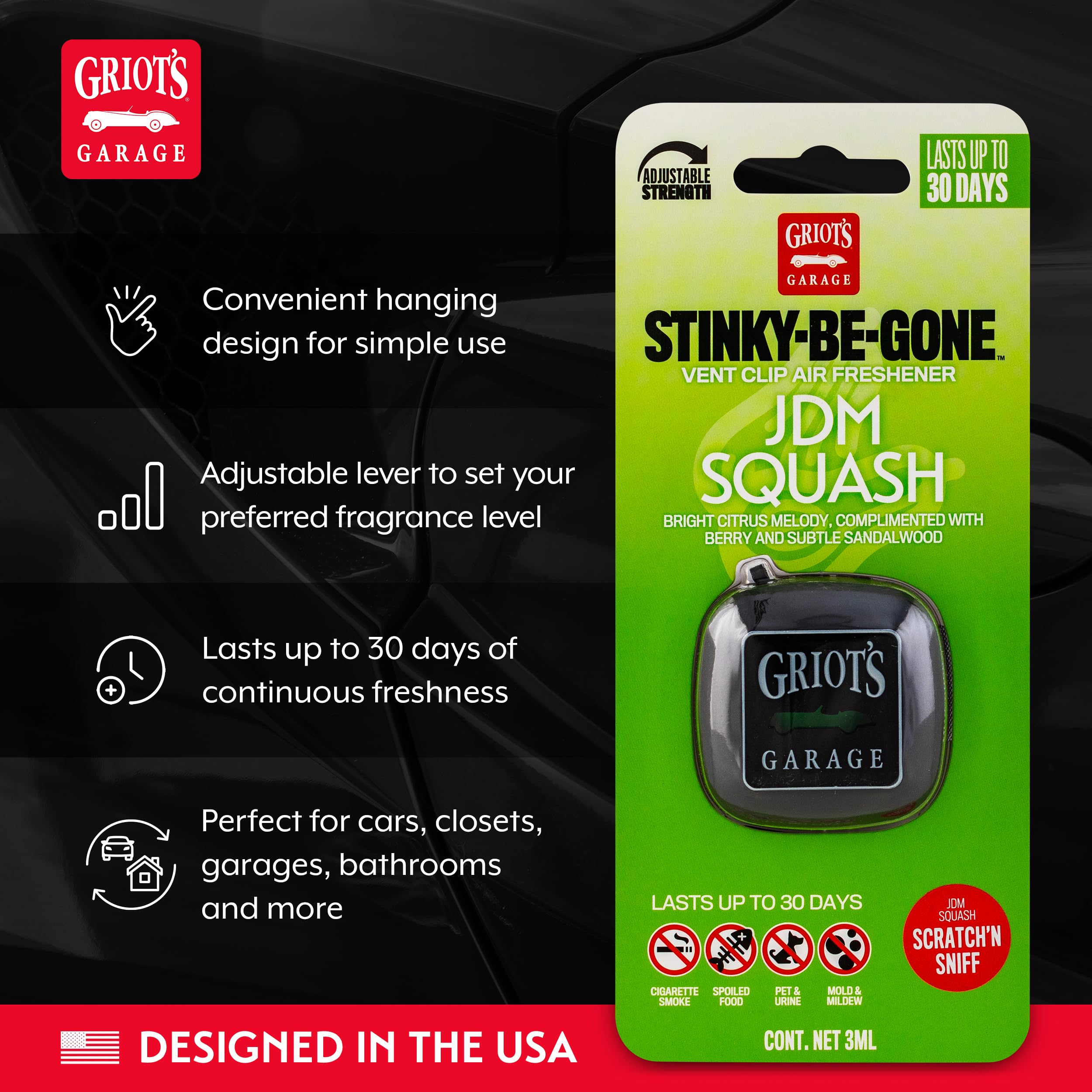 Griot's Garage Stinky-Be-Gone Vent Clip Air Freshener, Odor Remover, Car Scent for Garage, Closet, Laundry Rooms, Bathrooms, and More, JDM Squash, 10767 - Image 3