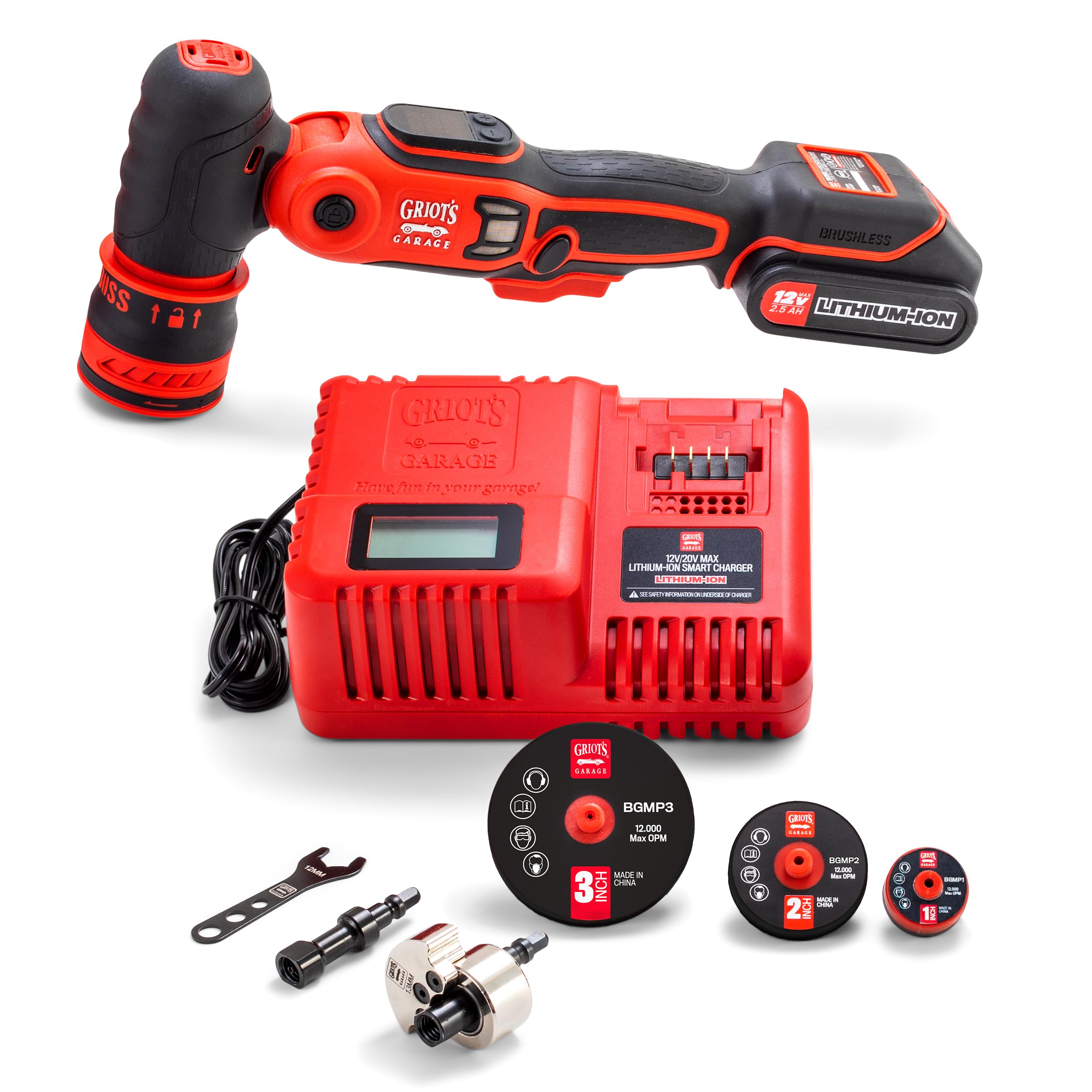 Griot's Garage The BOSS Hybrid Micro Polisher for Car Polishing and Detailing, 13mm Orbital and Rotary Drive, 1”, 2”, 3” Backing Plates, 12V Lithium-Ion Battery and Carrying Case
