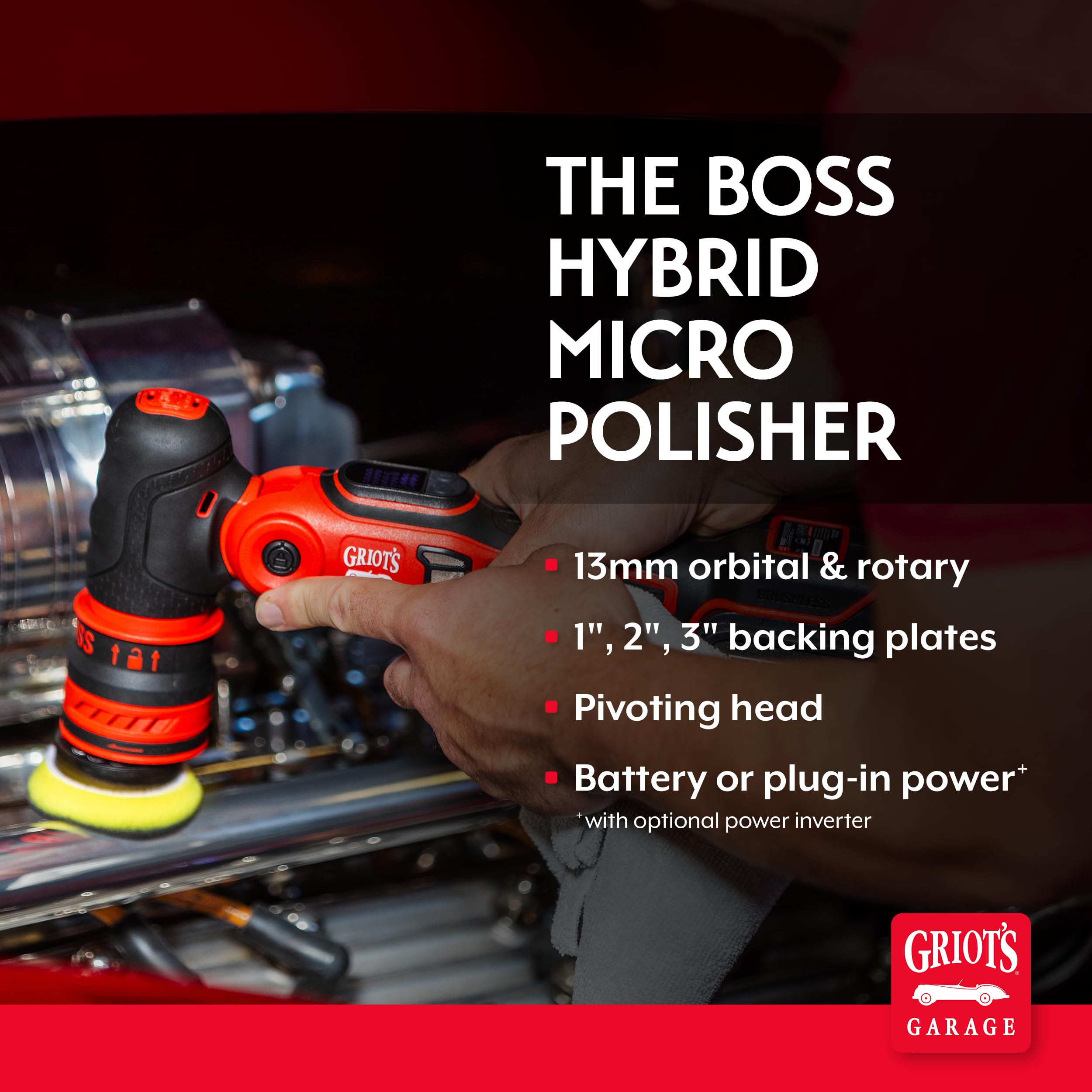 Griot's Garage The BOSS Hybrid Micro Polisher for Car Polishing and Detailing, 13mm Orbital and Rotary Drive, 1”, 2”, 3” Backing Plates, 12V Lithium-Ion Battery and Carrying Case - Image 2