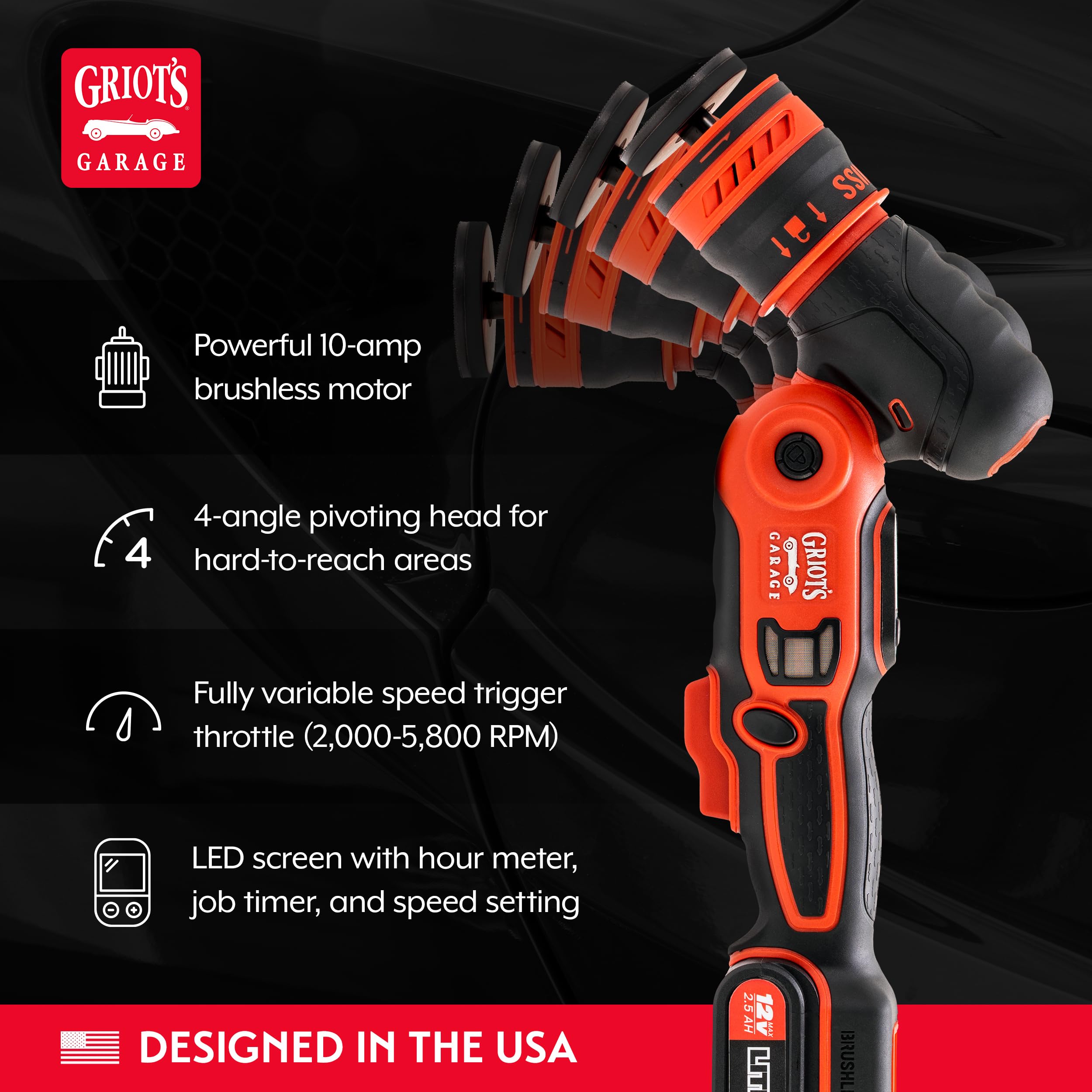 Griot's Garage The BOSS Hybrid Micro Polisher for Car Polishing and Detailing, 13mm Orbital and Rotary Drive, 1”, 2”, 3” Backing Plates, 12V Lithium-Ion Battery and Carrying Case - Image 3