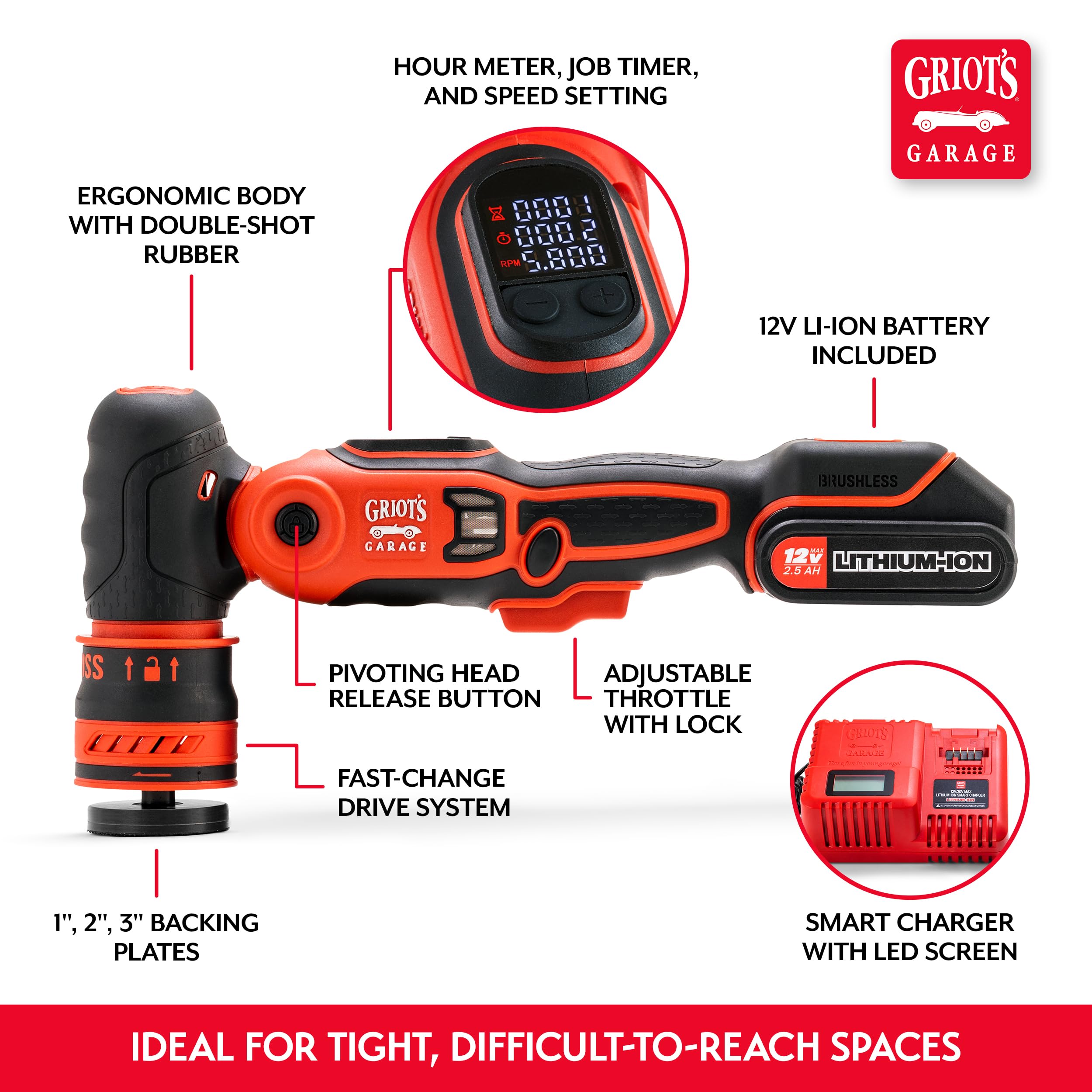 Griot's Garage The BOSS Hybrid Micro Polisher for Car Polishing and Detailing, 13mm Orbital and Rotary Drive, 1”, 2”, 3” Backing Plates, 12V Lithium-Ion Battery and Carrying Case - Image 5