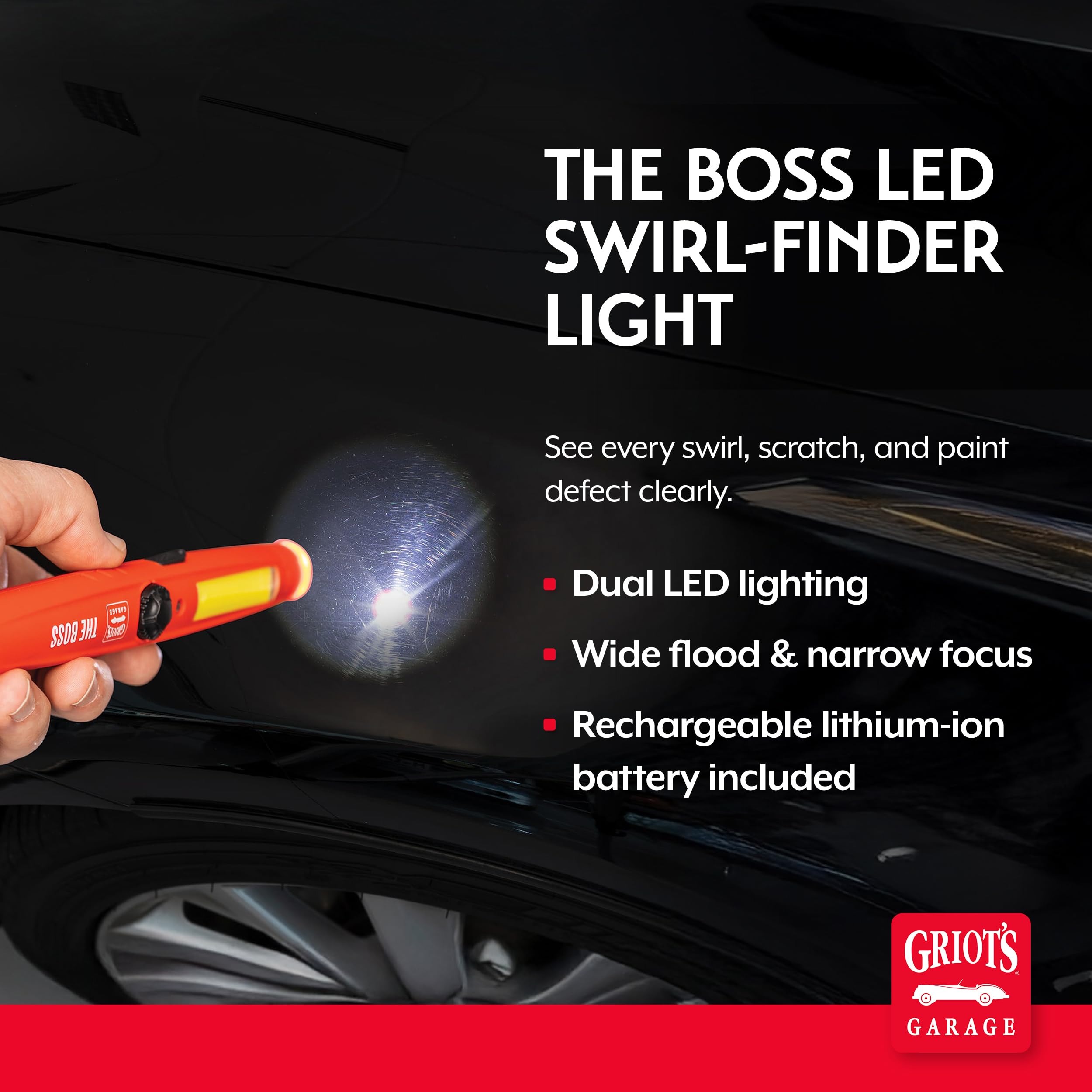 Griot's Garage The BOSS LED Swirl-Finder for Car Paint Correction and Detailing, 320 Lumen Dimmable Flood Beam with 120 Lumen Adjustable Tip – Rechargeable Lithium-Ion Battery – 3+ Hour Run Time - Image 2
