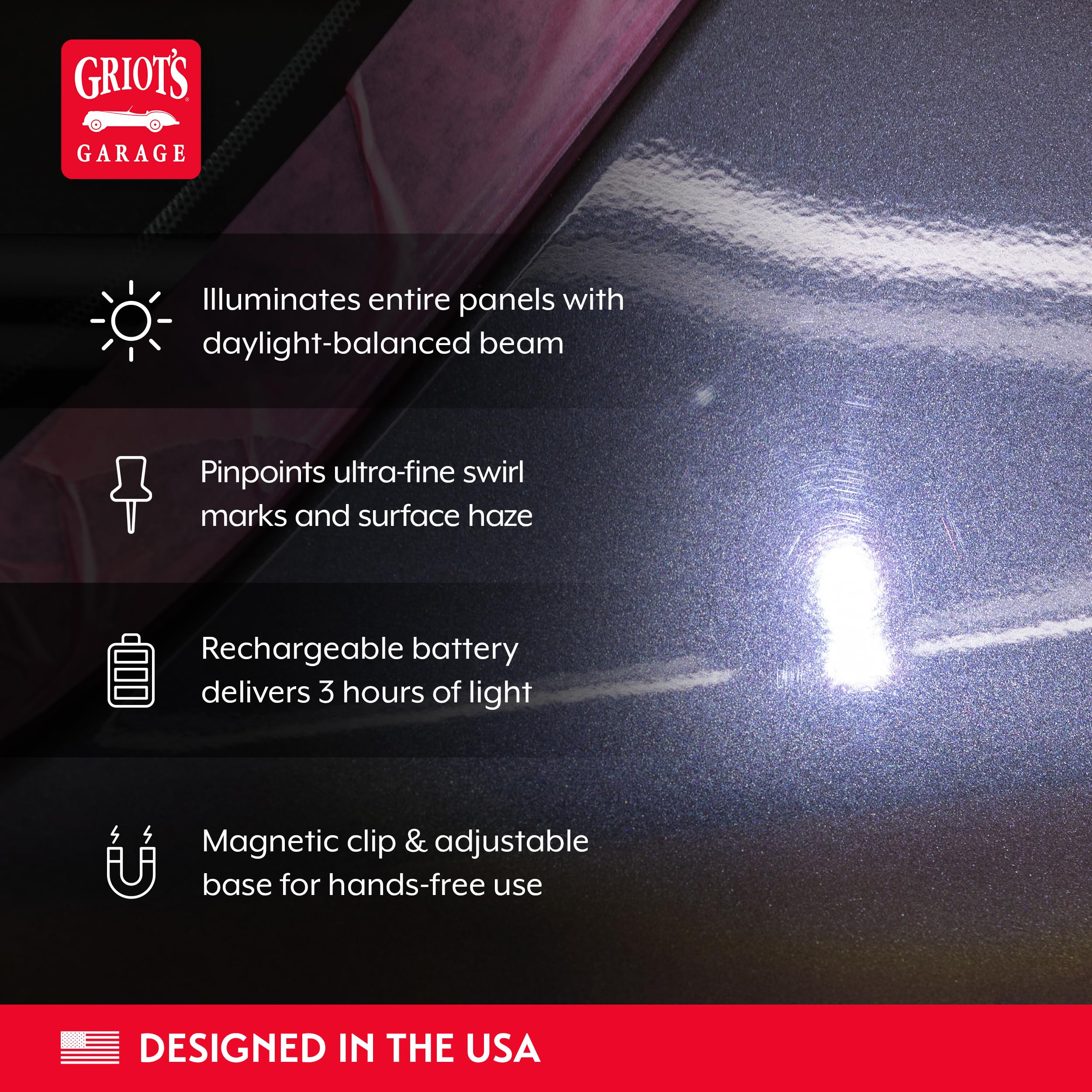 Griot's Garage The BOSS LED Swirl-Finder for Car Paint Correction and Detailing, 320 Lumen Dimmable Flood Beam with 120 Lumen Adjustable Tip – Rechargeable Lithium-Ion Battery – 3+ Hour Run Time - Image 3