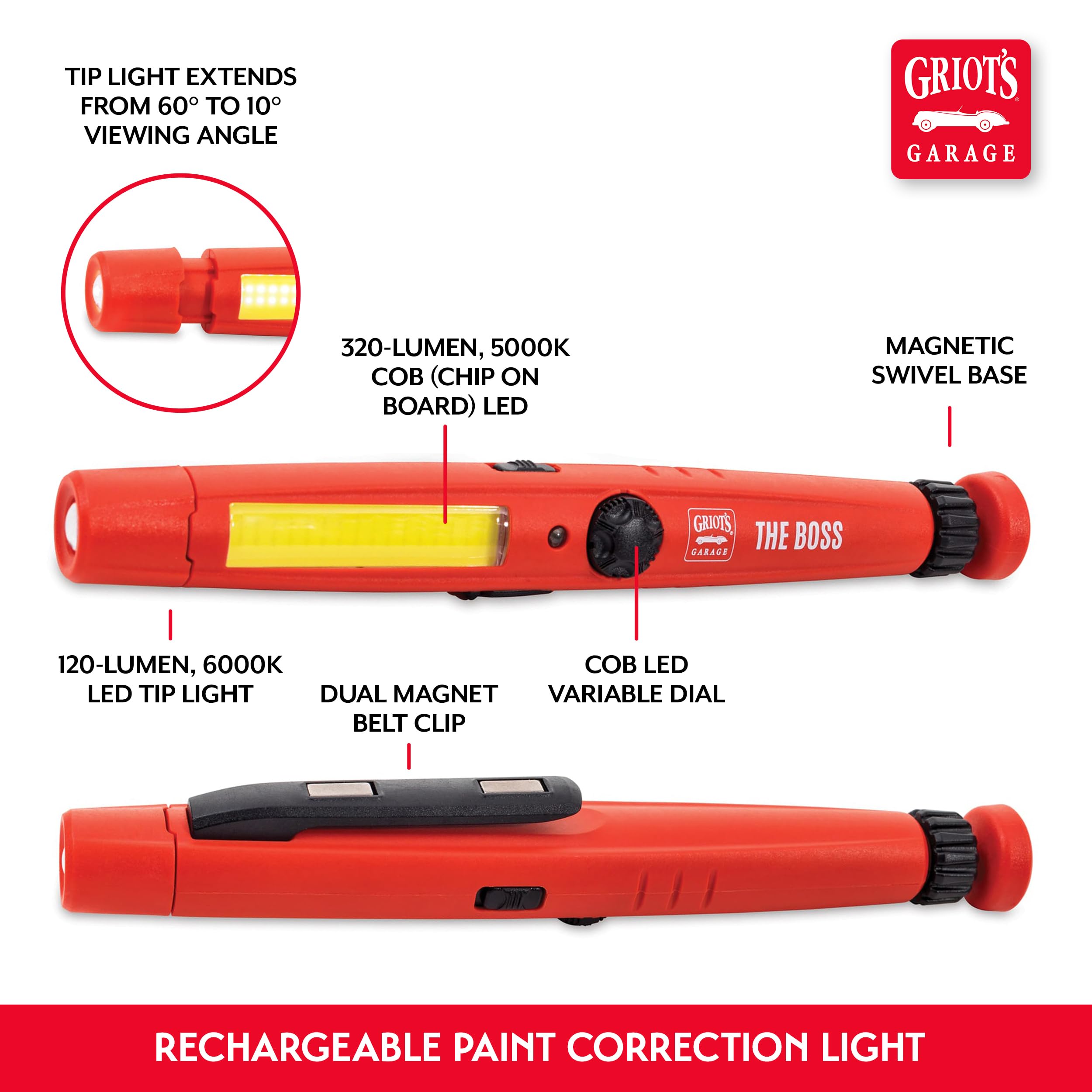 Griot's Garage The BOSS LED Swirl-Finder for Car Paint Correction and Detailing, 320 Lumen Dimmable Flood Beam with 120 Lumen Adjustable Tip – Rechargeable Lithium-Ion Battery – 3+ Hour Run Time - Image 4