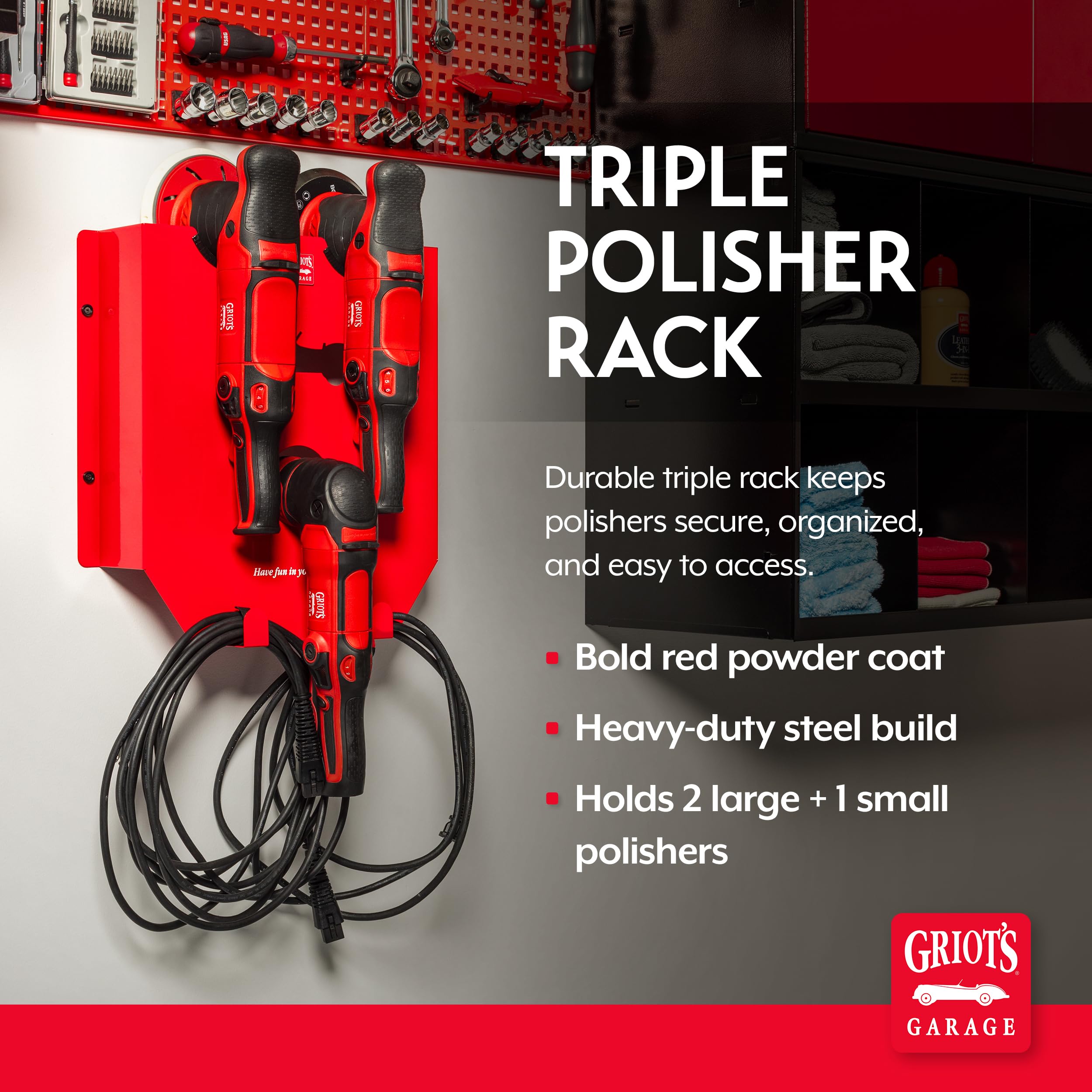 Griot's Garage Triple Polisher Rack, Wall-Mounted Storage Shelf for Car Buffer Polishing Machines, Heavy-Duty Holder, 17.06" W x 3.375" D x 16.5" H, 77873 - Image 2