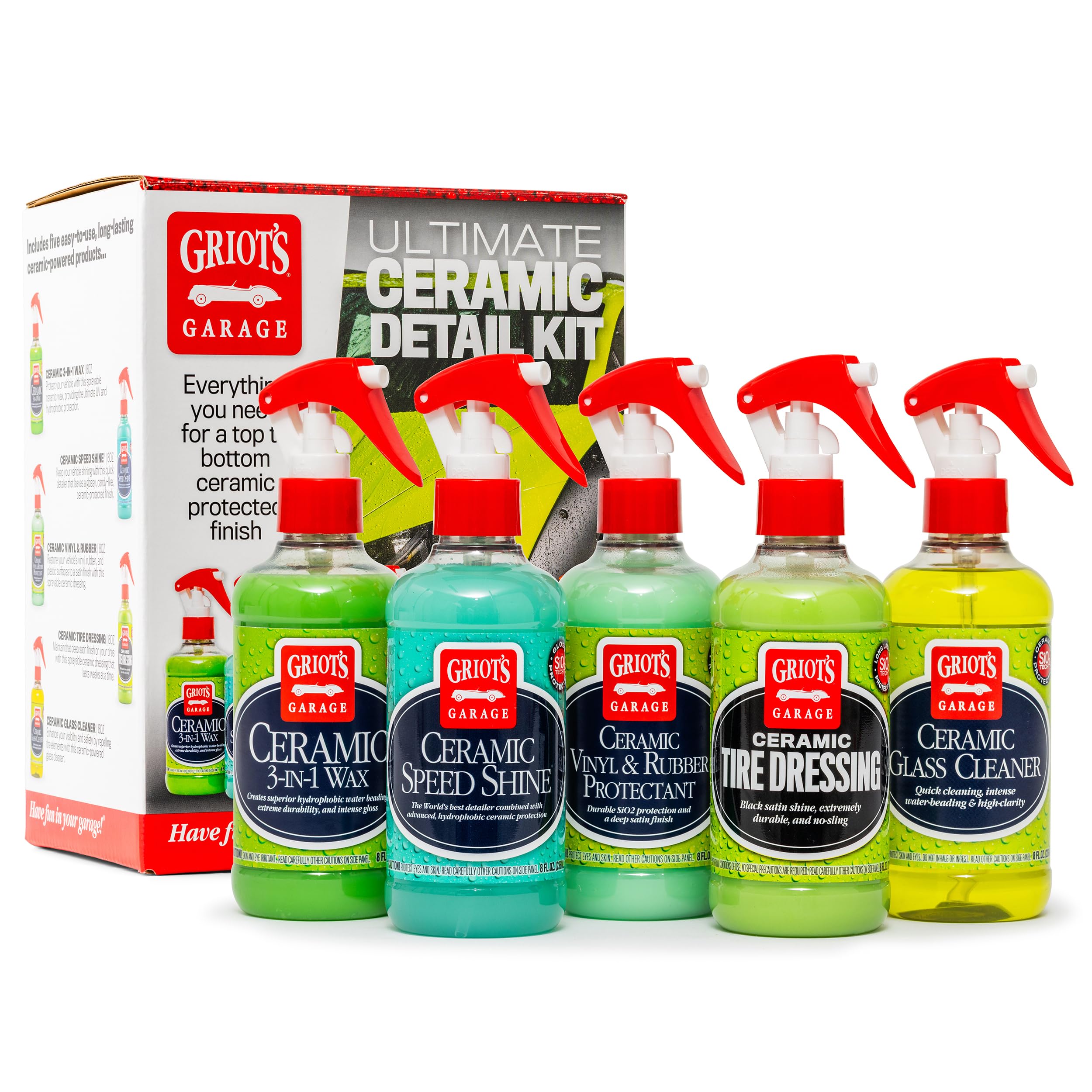 Griot's Garage Ultimate Ceramic Detail Kit for Car Detailing, Includes 8oz Bottles of Ceramic 3-in-1 Wax, Speed Shine Detailer, Tire Dressing, Glass Cleaner, and Vinyl and Rubber Protectant, 11606