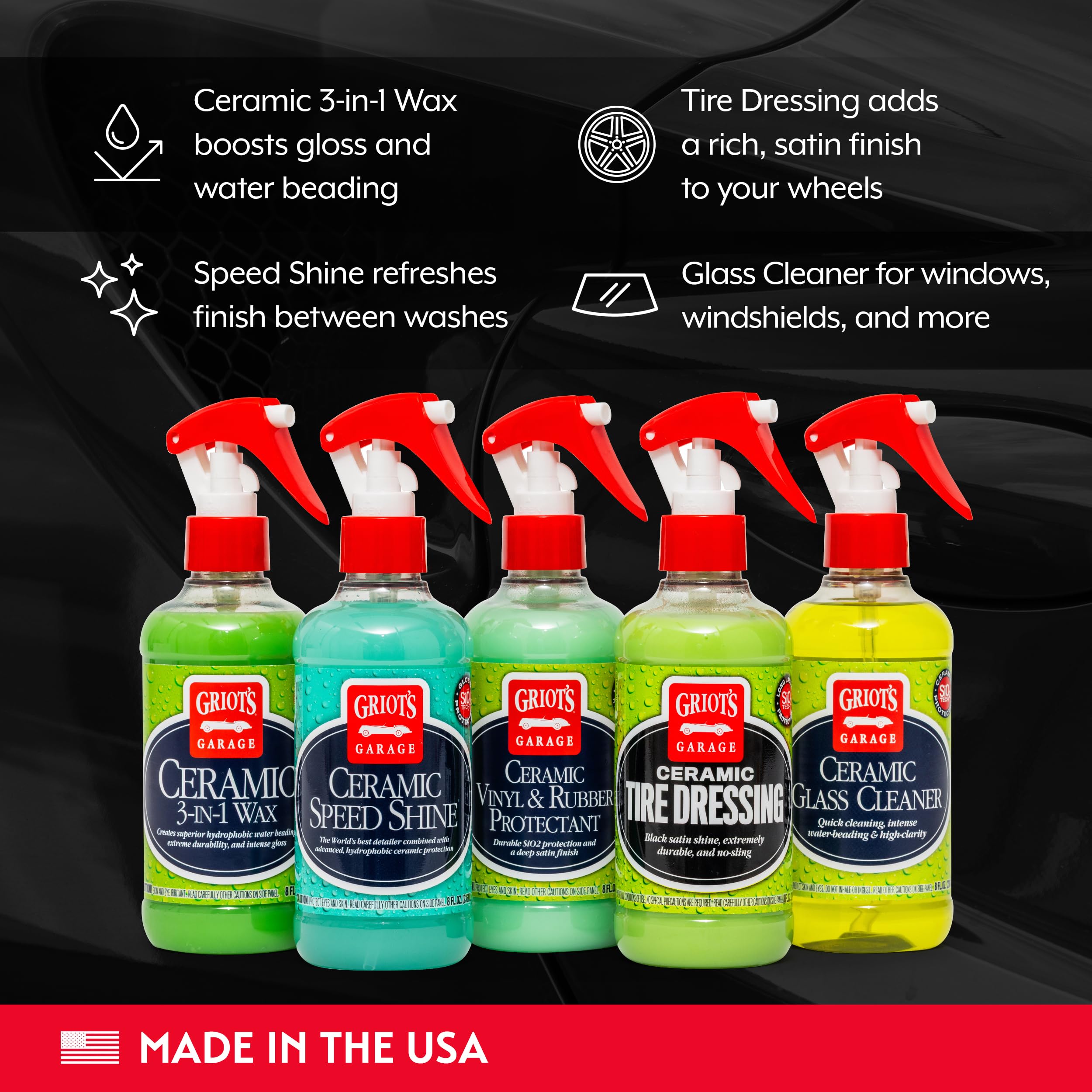 Griot's Garage Ultimate Ceramic Detail Kit for Car Detailing, Includes 8oz Bottles of Ceramic 3-in-1 Wax, Speed Shine Detailer, Tire Dressing, Glass Cleaner, and Vinyl and Rubber Protectant, 11606 - Image 3