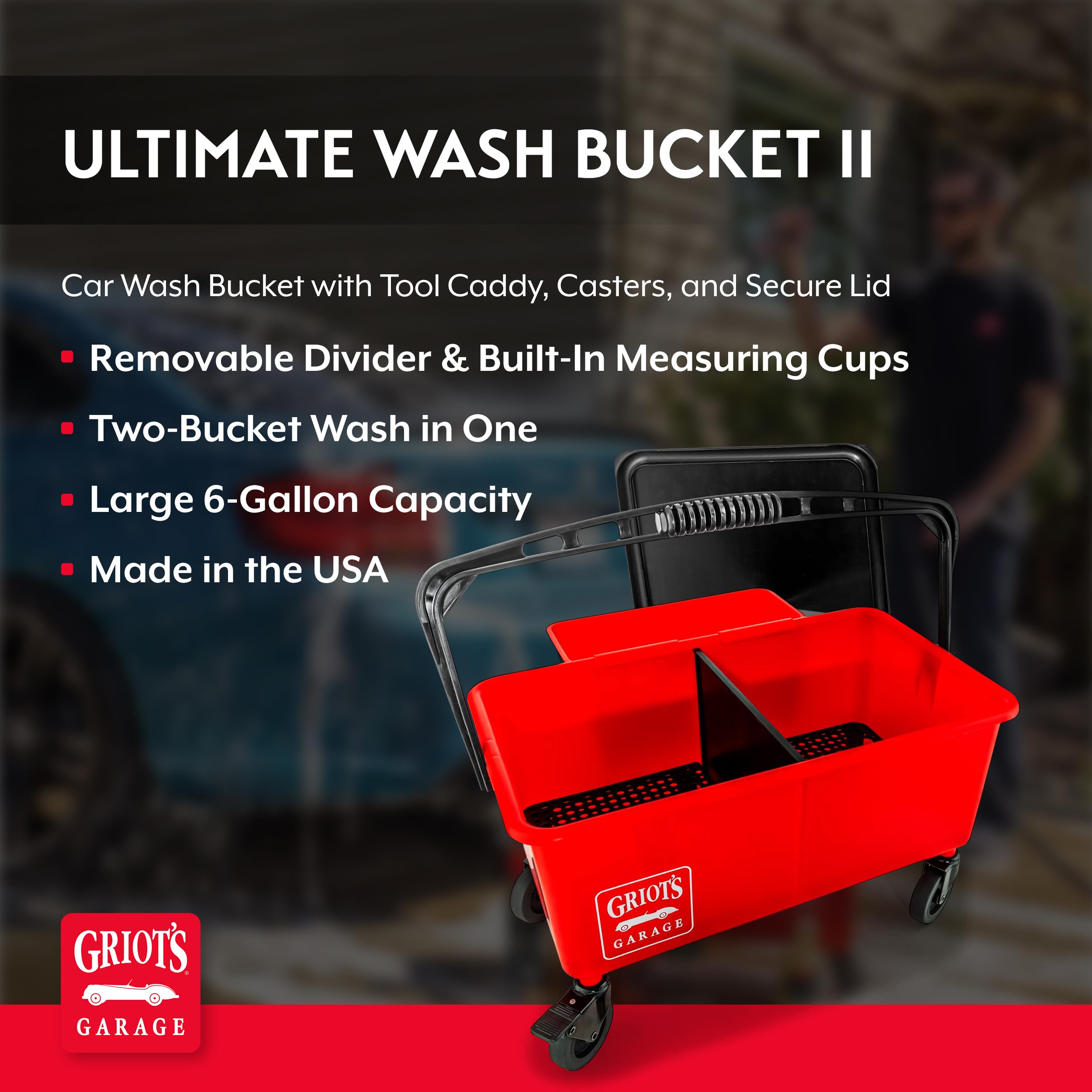 Griot's Garage Ultimate Wash Bucket II for Vehicle Cleaning, Detailing, Car Washing with Built-in Measuring Cups and Removable Divider, Includes Bucket, Casters, Caddy, and Lid, 6 Gallon - Image 2