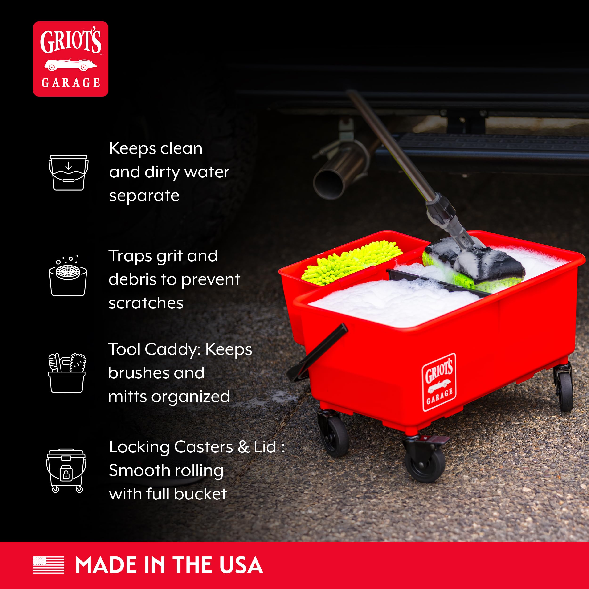 Griot's Garage Ultimate Wash Bucket II for Vehicle Cleaning, Detailing, Car Washing with Built-in Measuring Cups and Removable Divider, Includes Bucket, Casters, Caddy, and Lid, 6 Gallon - Image 3
